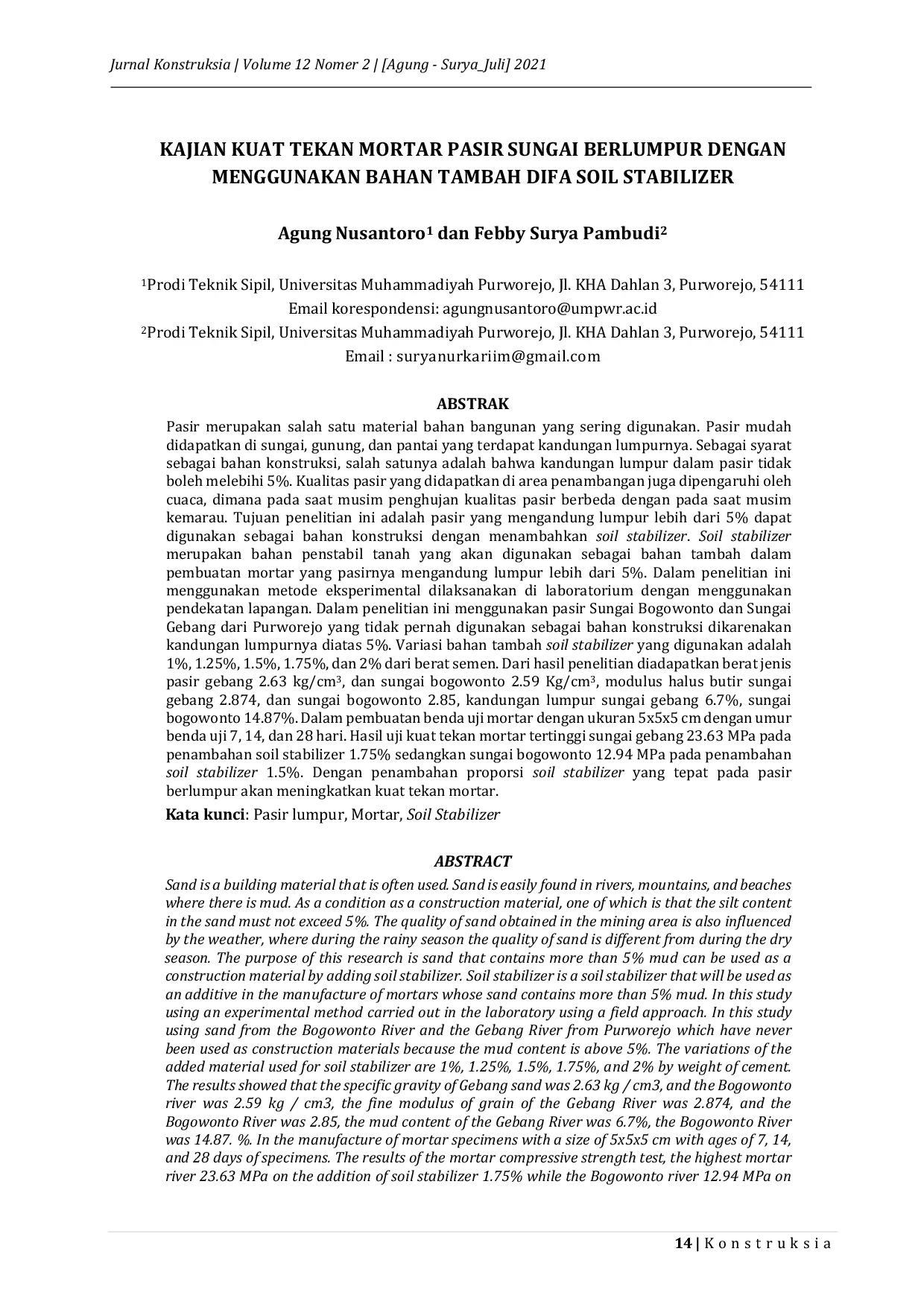 JURIS Kajian Kuat Tekan Mortar Pasir Sungai Lumpur Dengan Menggunakan Bahan Tambah Difa Soil Stabilizer