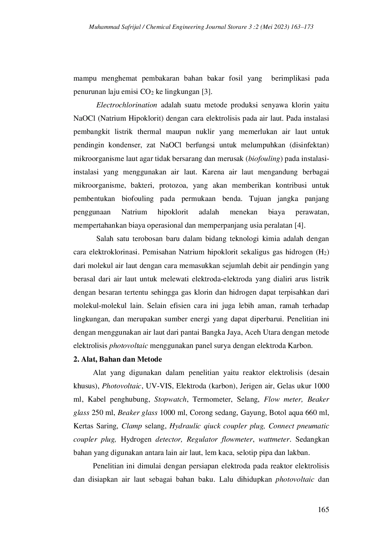 JURIS Produksi Gas Hidrogen Dari Air Laut Dengan Metode Elektrolisis Photovoltaic Pv Menggunakan Elektroda Karbon