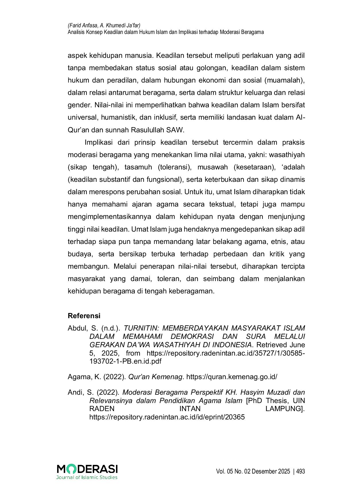 JURIS Analisis Konsep Keadilan dalam Hukum Islam dan Implikasi terhadap Moderasi Beragama