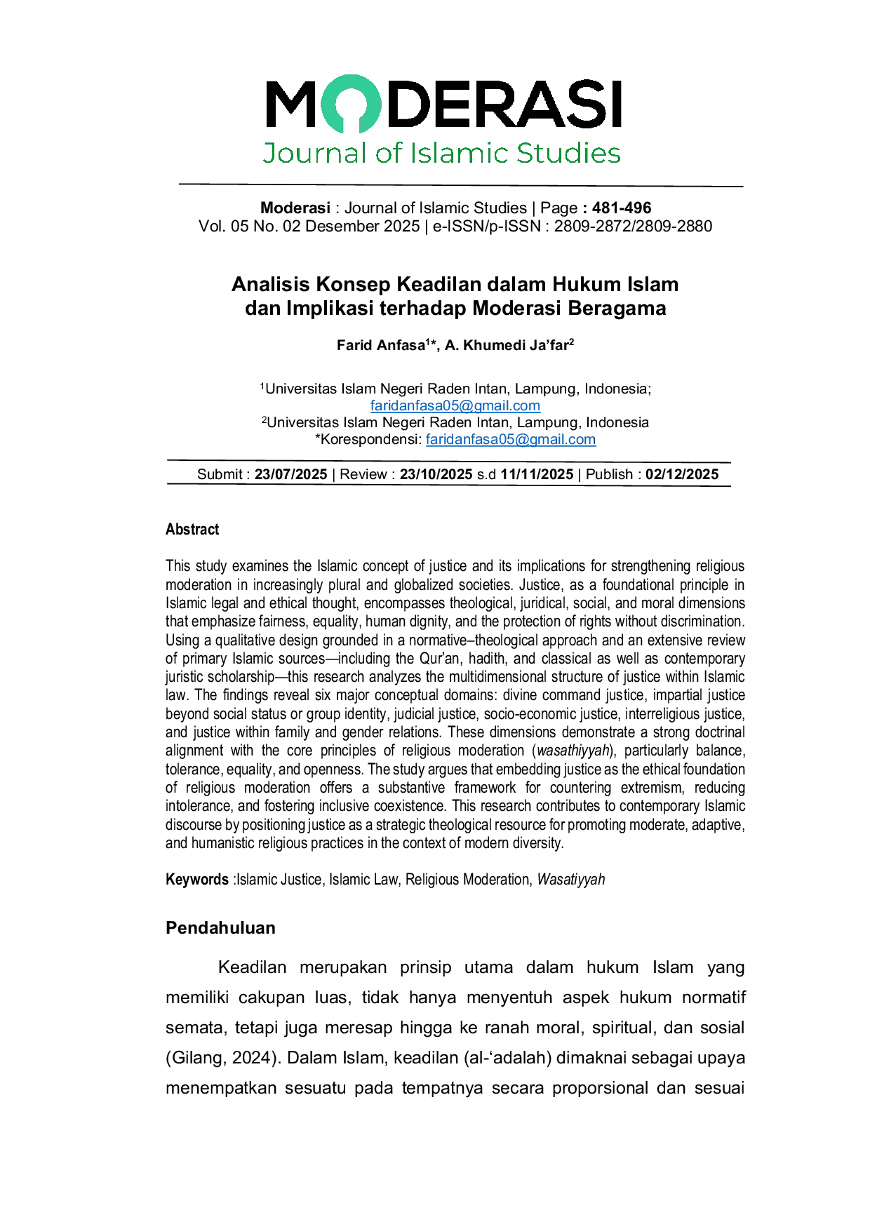 JURIS Analisis Konsep Keadilan dalam Hukum Islam dan Implikasi terhadap Moderasi Beragama