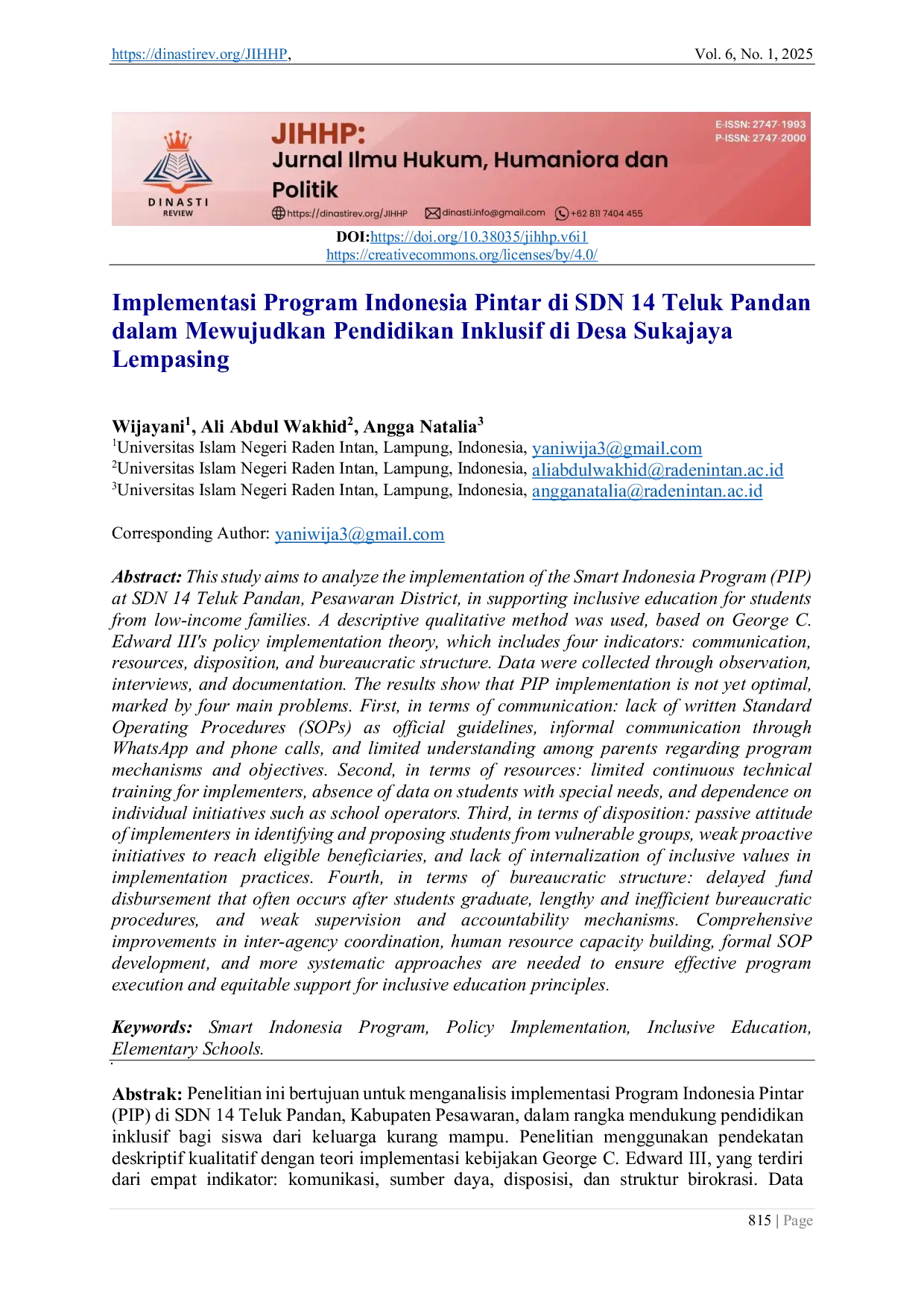 JURIS Implementasi Program Indonesia Pintar di SDN 14 Teluk Pandan dalam Mewujudkan Pendidikan Inklusif di Desa Sukajaya Lempasing