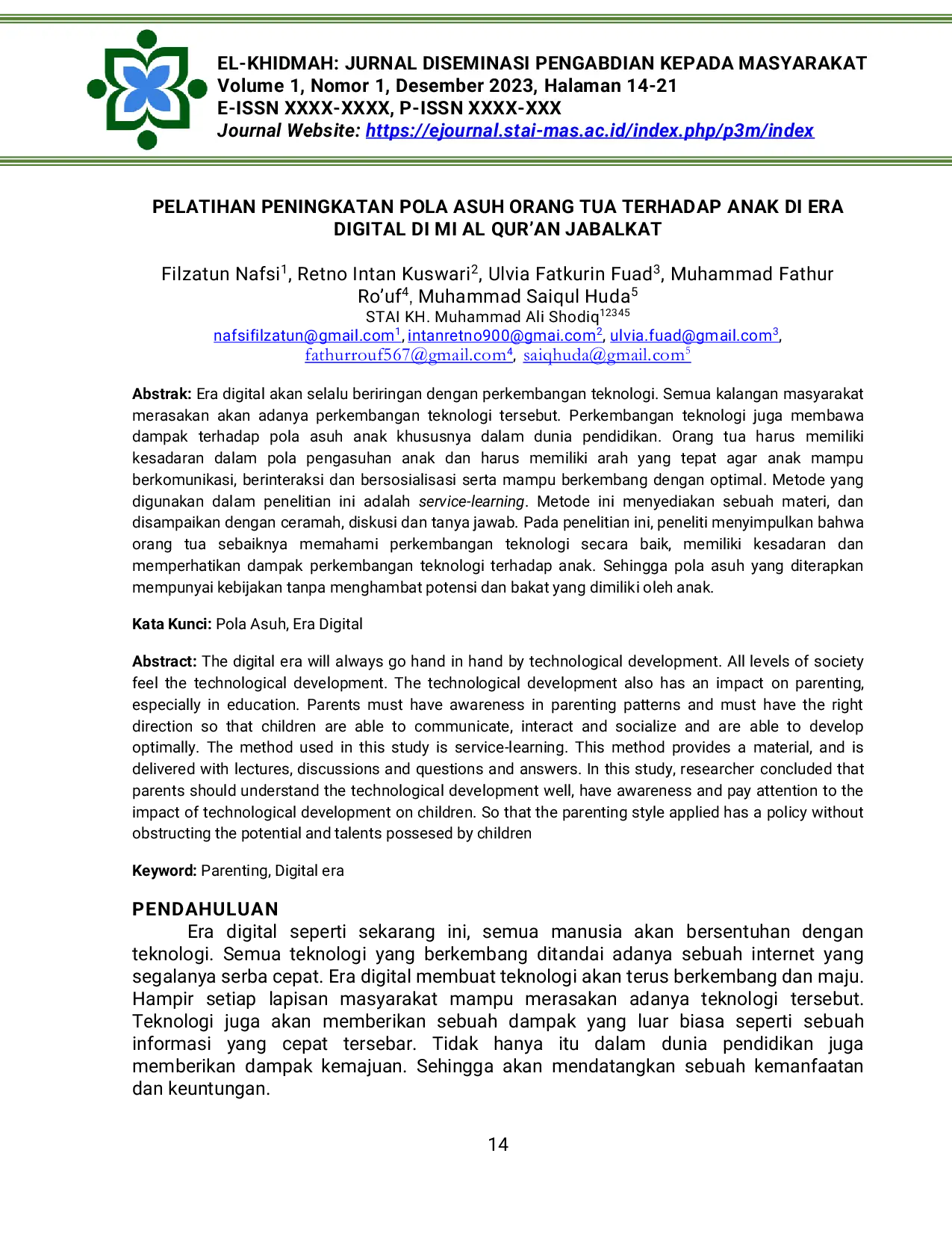 JURIS Pelatihan Peningkatan Pola Asuh Orang Tua Terhadap Anak Di Era Digital Di Mi Al Qur an Jabalkat