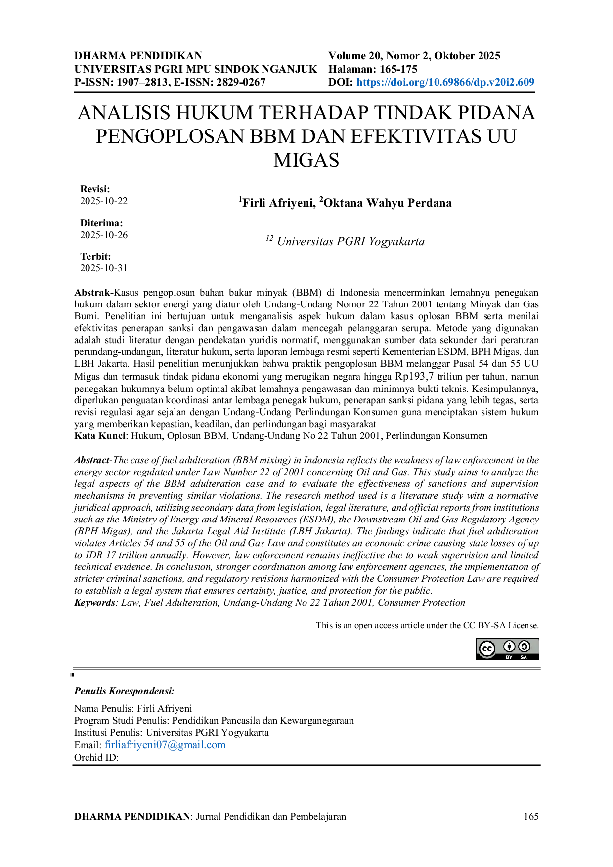 JURIS Analisis hukum terhadap tindak pidana pengoplosan BBM dan efektivitas UU Migas