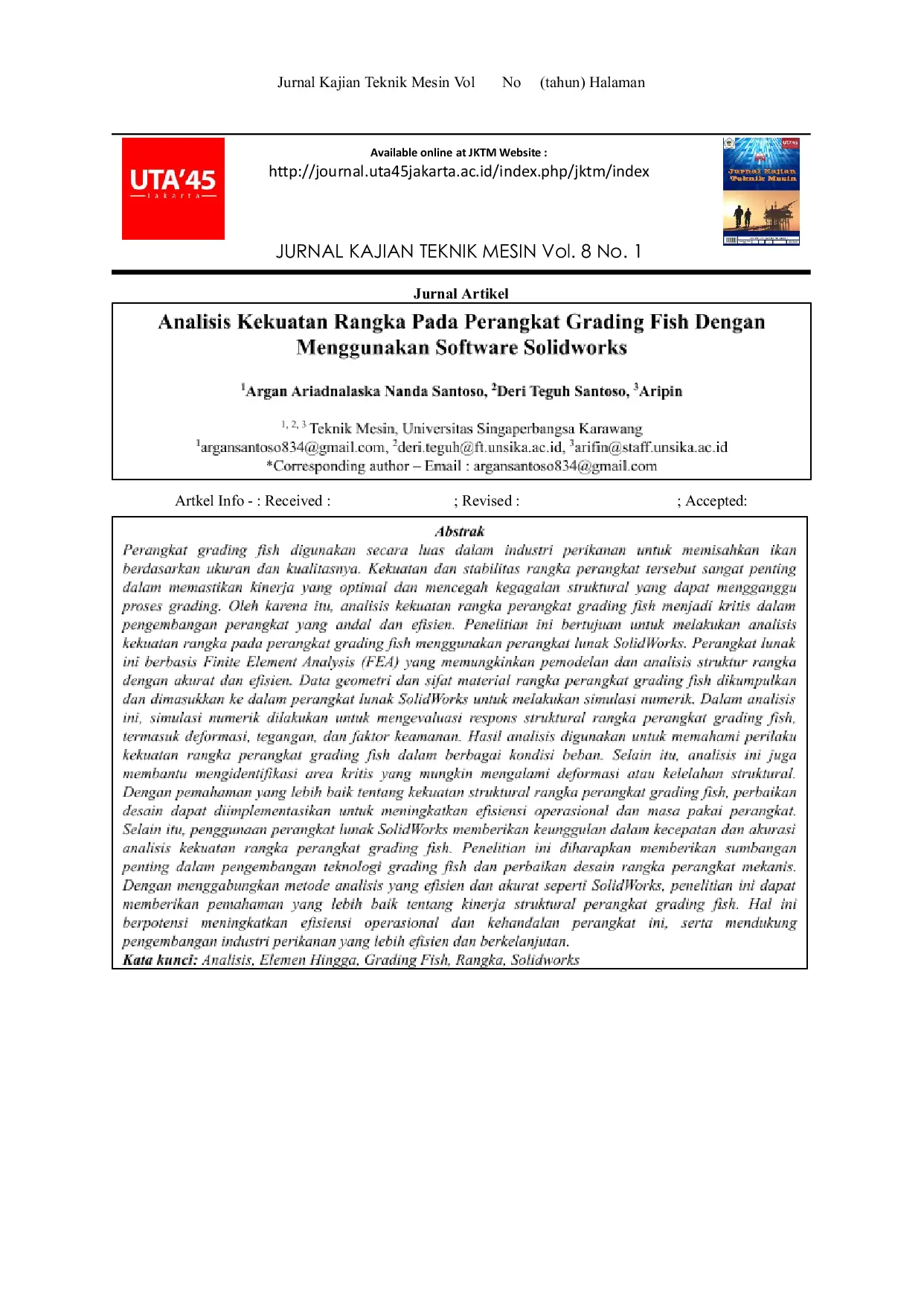 JURIS Analisis kekuatan rangka pada perangkat Grading Fish menggunakan software Solidworks