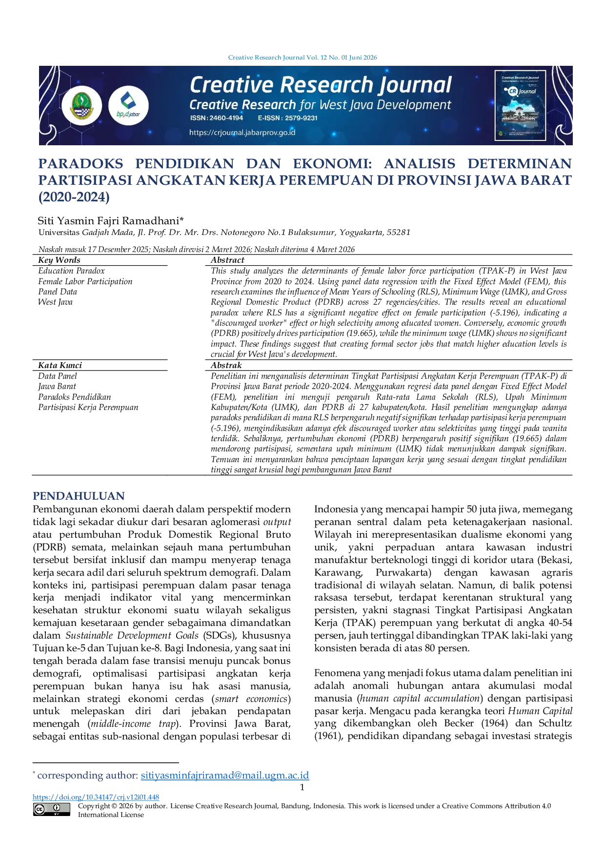 JURIS Paradoks Pendidikan dan Ekonomi Analisis Determinan Partisipasi Angkatan Kerja Perempuan di Provinsi Jawa Barat 2020 2024