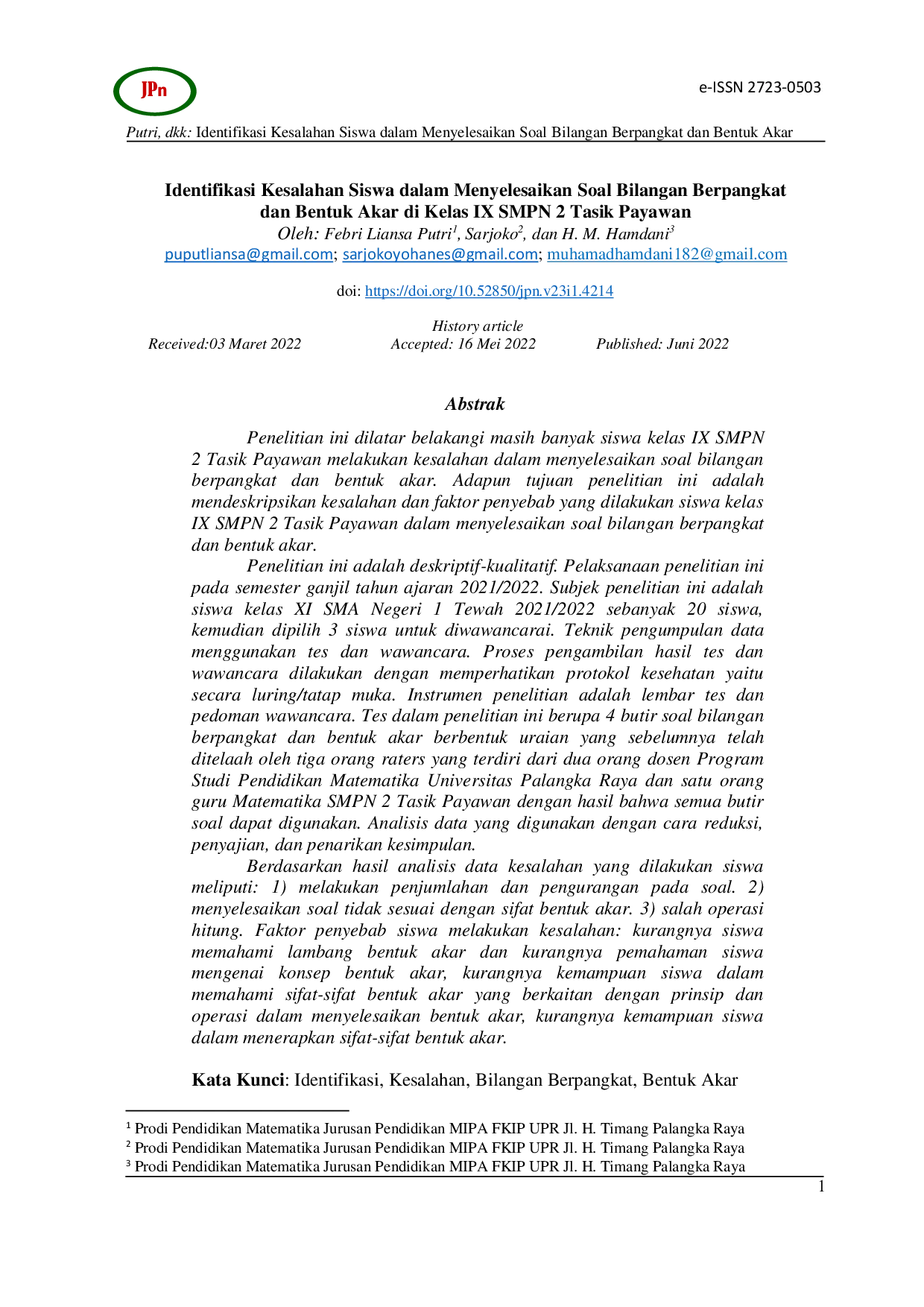 JURIS Idenfikasi Kesalahan Siswa Dalam Menyelesaikan Soal Bilangan Berpangkat dan Bentuk Akar Idenfikasi Kesalahan Siswa Dalam Menyelesaikan Soal Bilangan Berpangkat dan Bentuk Akar Di kelas IX SMPN 2 Tas