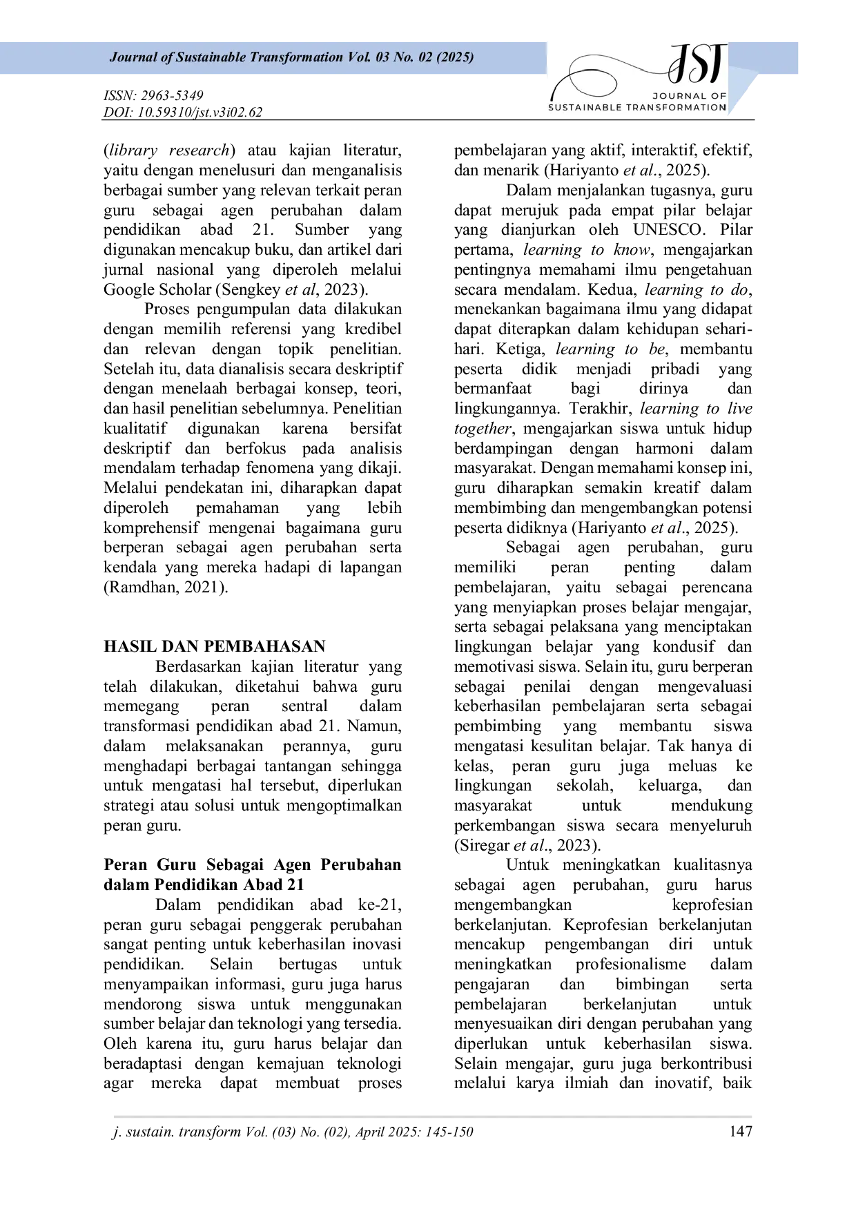 JURIS Analisis Peran Guru Sebagai Agen Perubahan Dalam Pendidikan Abad 21