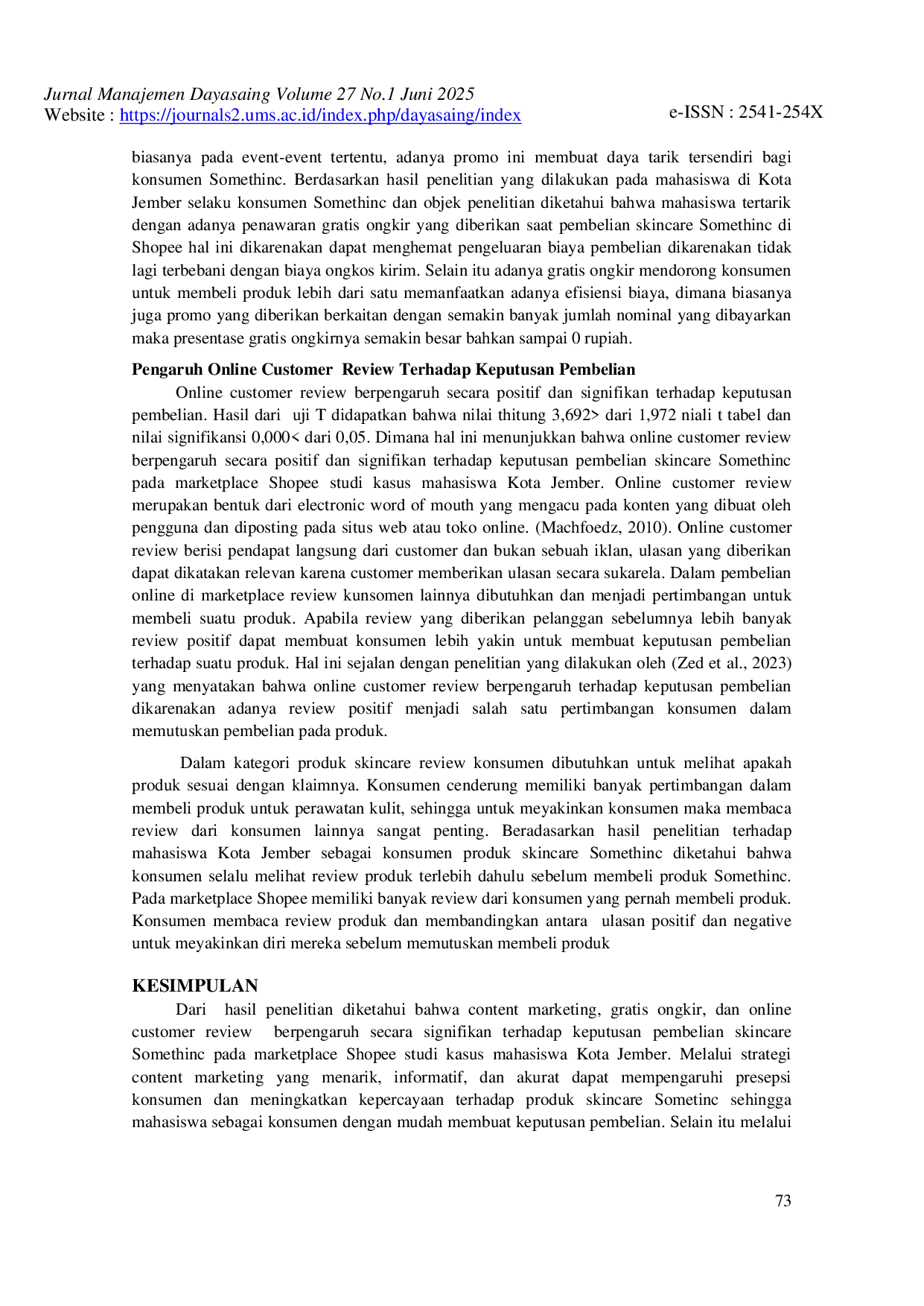 JURIS Pengaruh Content Gratis Ongkir dan Online Customer Review Terhadap Keputusan Pembelian Skincare Somethinc di Shopee Studi Kasus Mahasiswa Kota Jember
