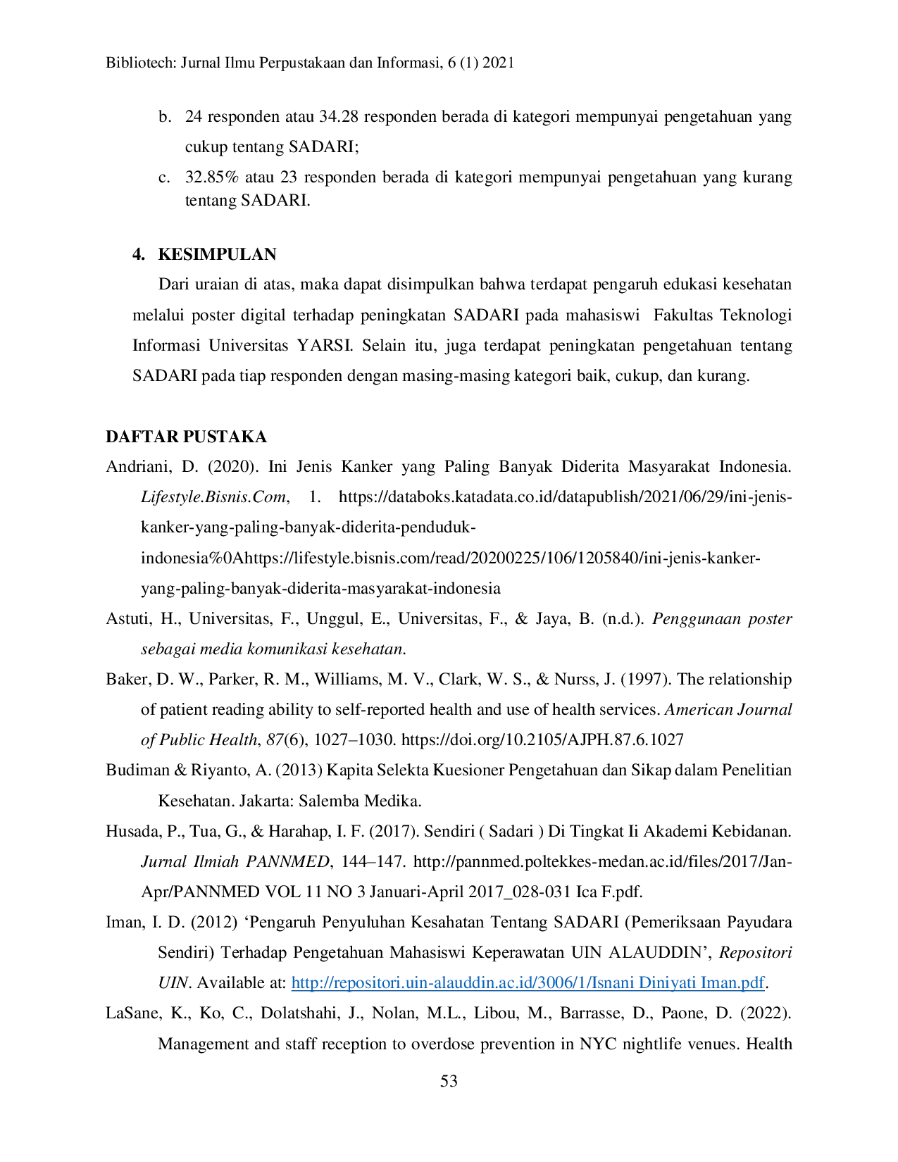 JURIS Pengaruh Edukasi Kesehatan Menggunakan Media Poster Digital Terhadap Peningkatan Pengetahuan Pada Mahasiswi Tentang Pemeriksaan Payudara Sendiri SADARI