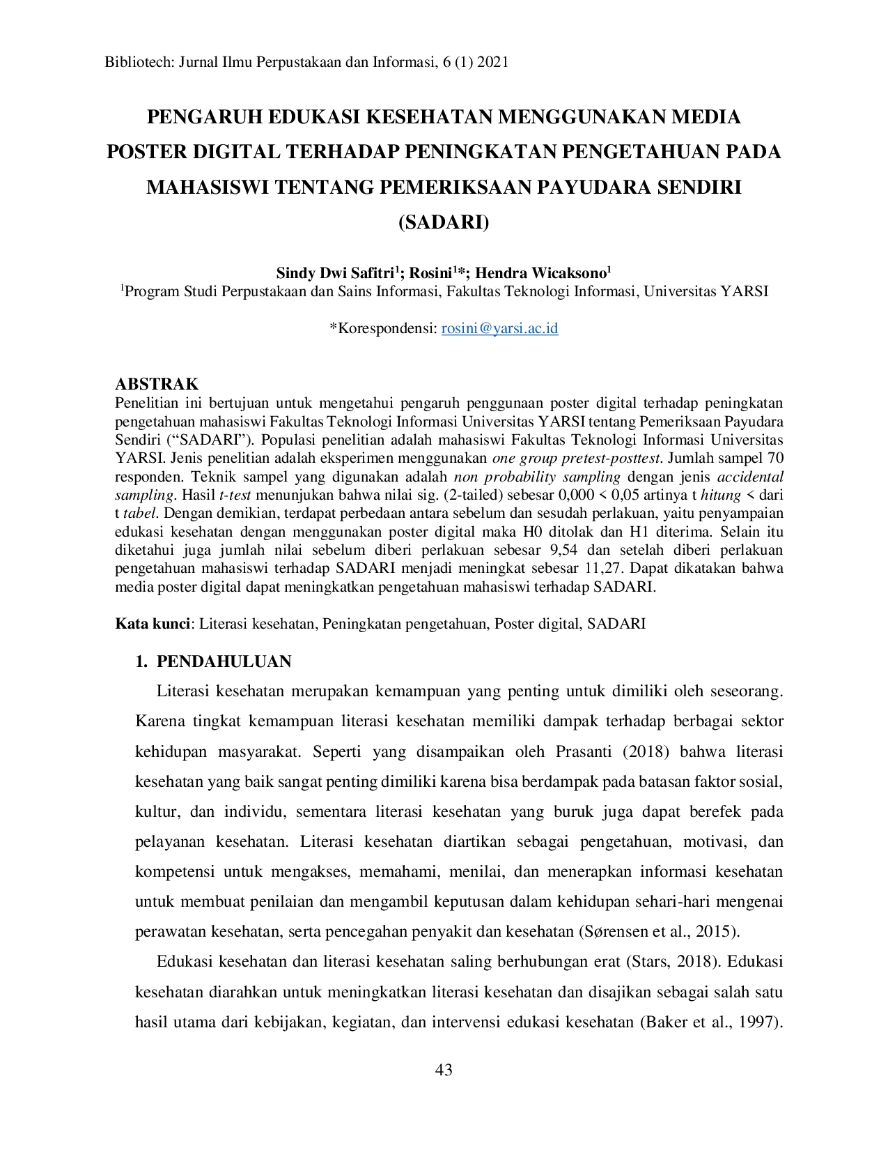 JURIS Pengaruh Edukasi Kesehatan Menggunakan Media Poster Digital Terhadap Peningkatan Pengetahuan Pada Mahasiswi Tentang Pemeriksaan Payudara Sendiri SADARI