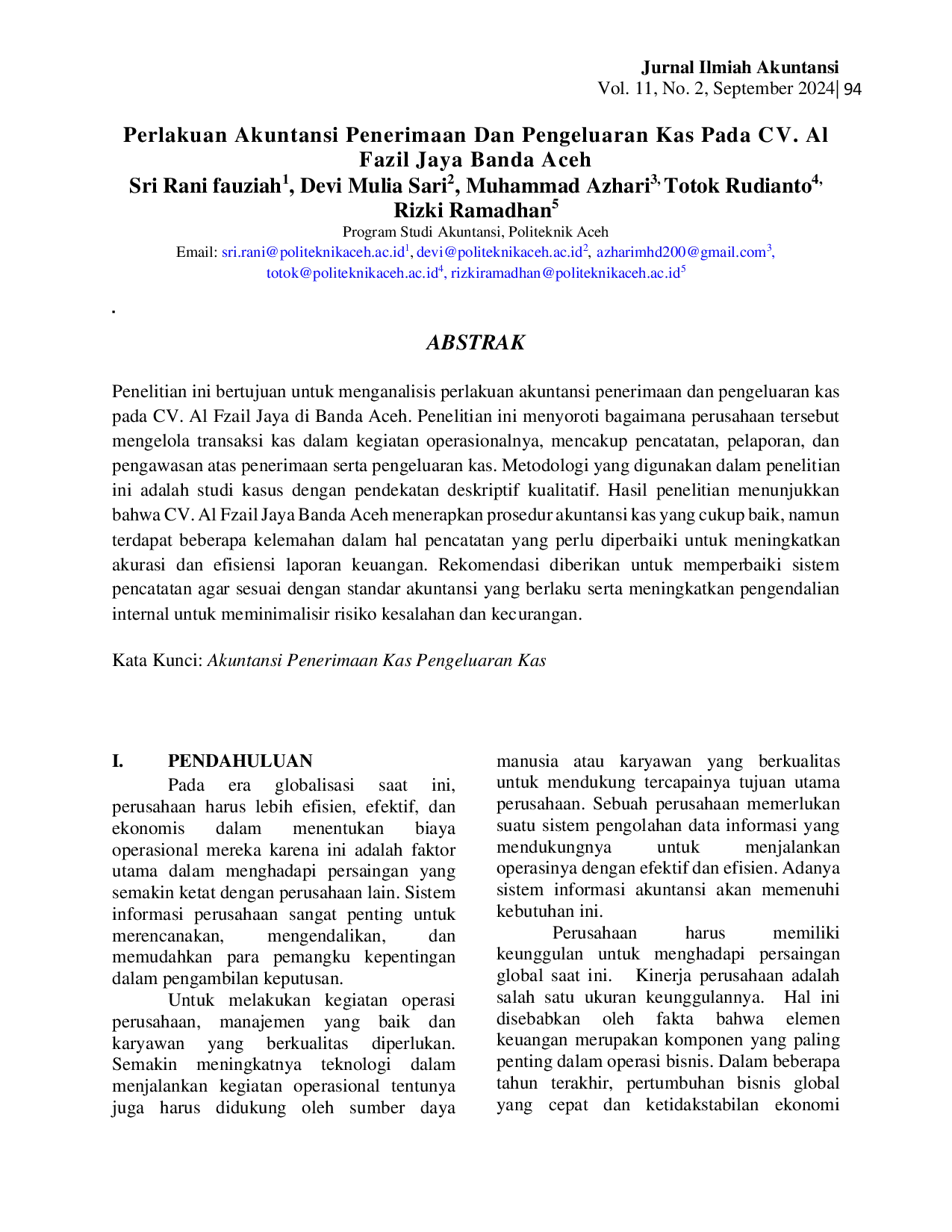 JURIS Perlakuan Akuntansi Penerimaan Dan Pengeluaran Kas Pada CV Al Fazil Jaya Banda Aceh
