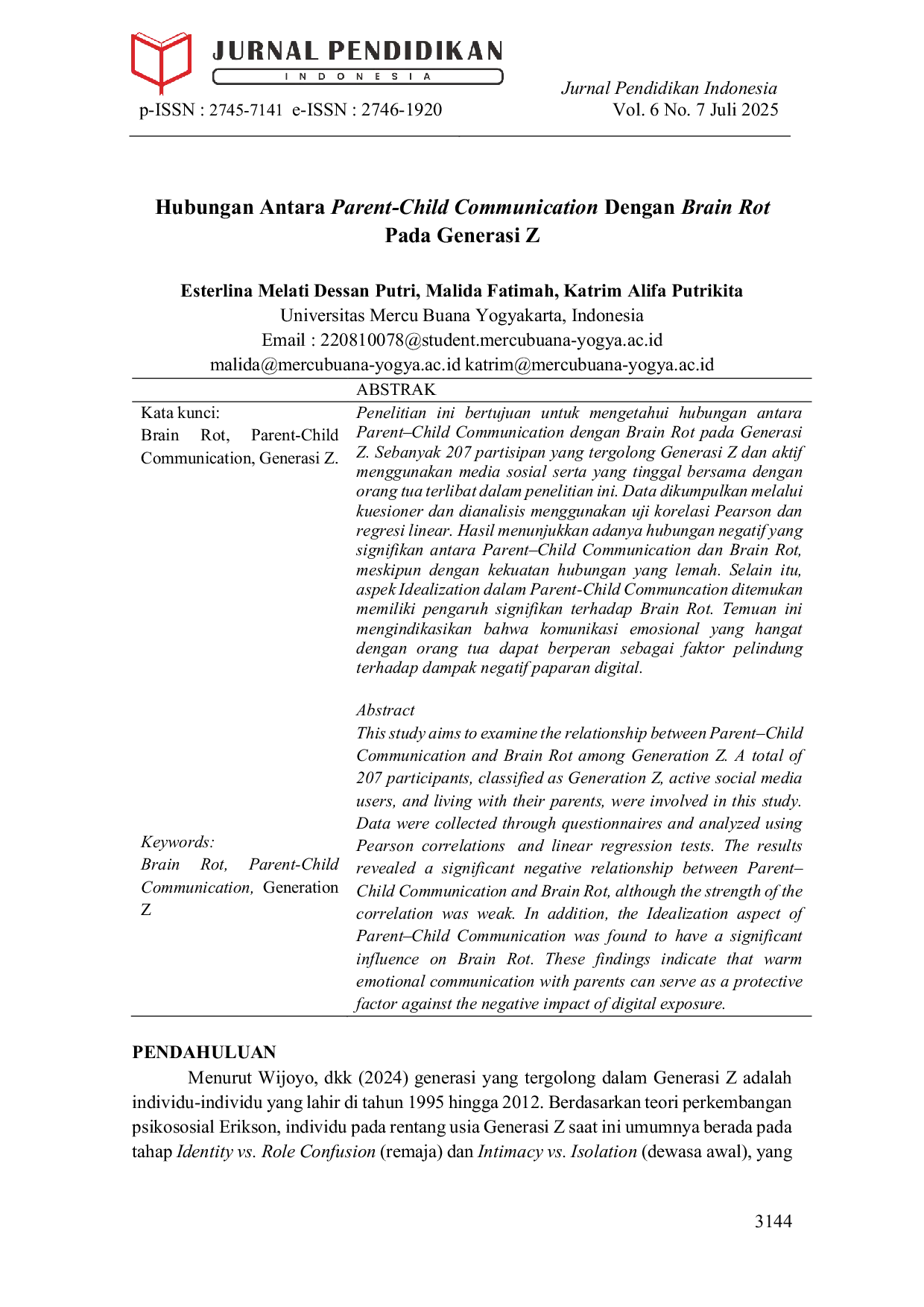 JURIS Hubungan Antara Parent Child Communication Dengan Brain Rot Pada Generasi Z