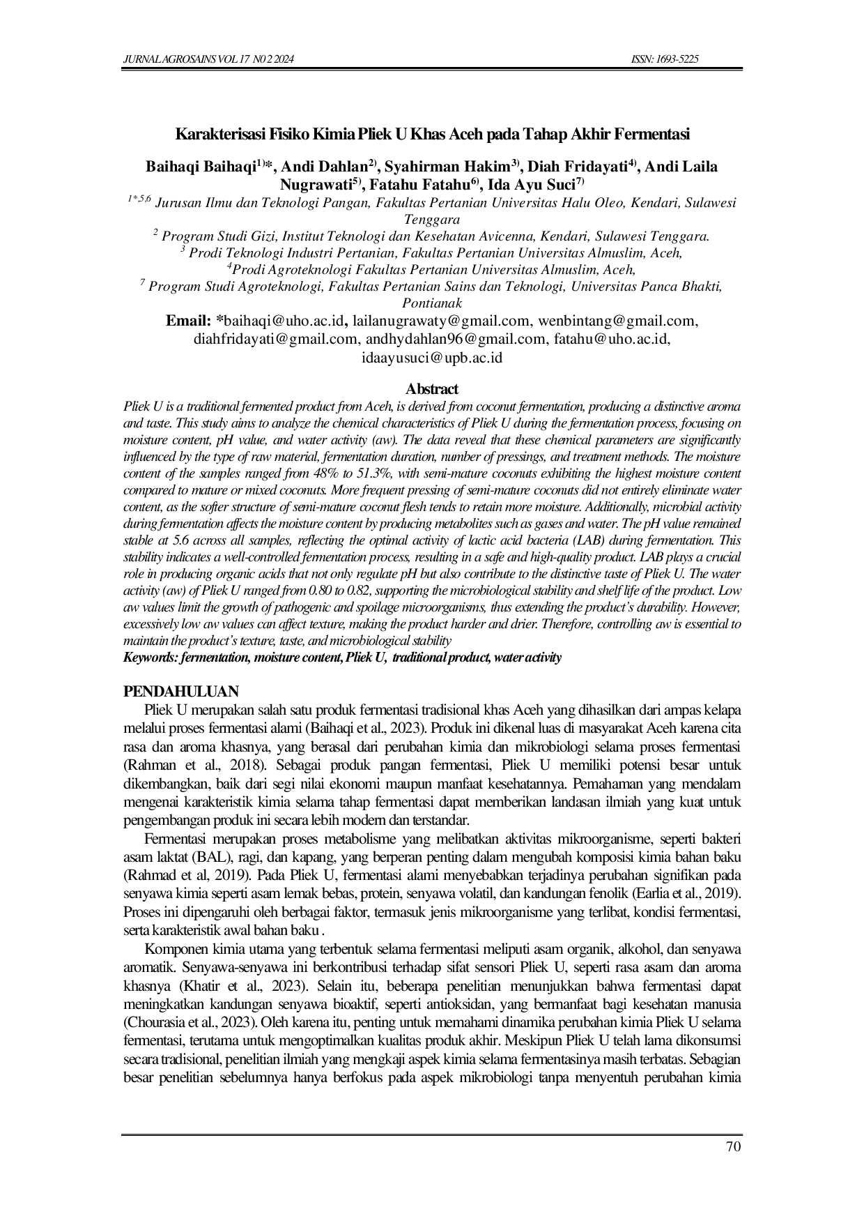 JURIS Karakterisasi Fisiko Kimia Pliek U Khas Aceh pada Tahap Akhir Fermentasi