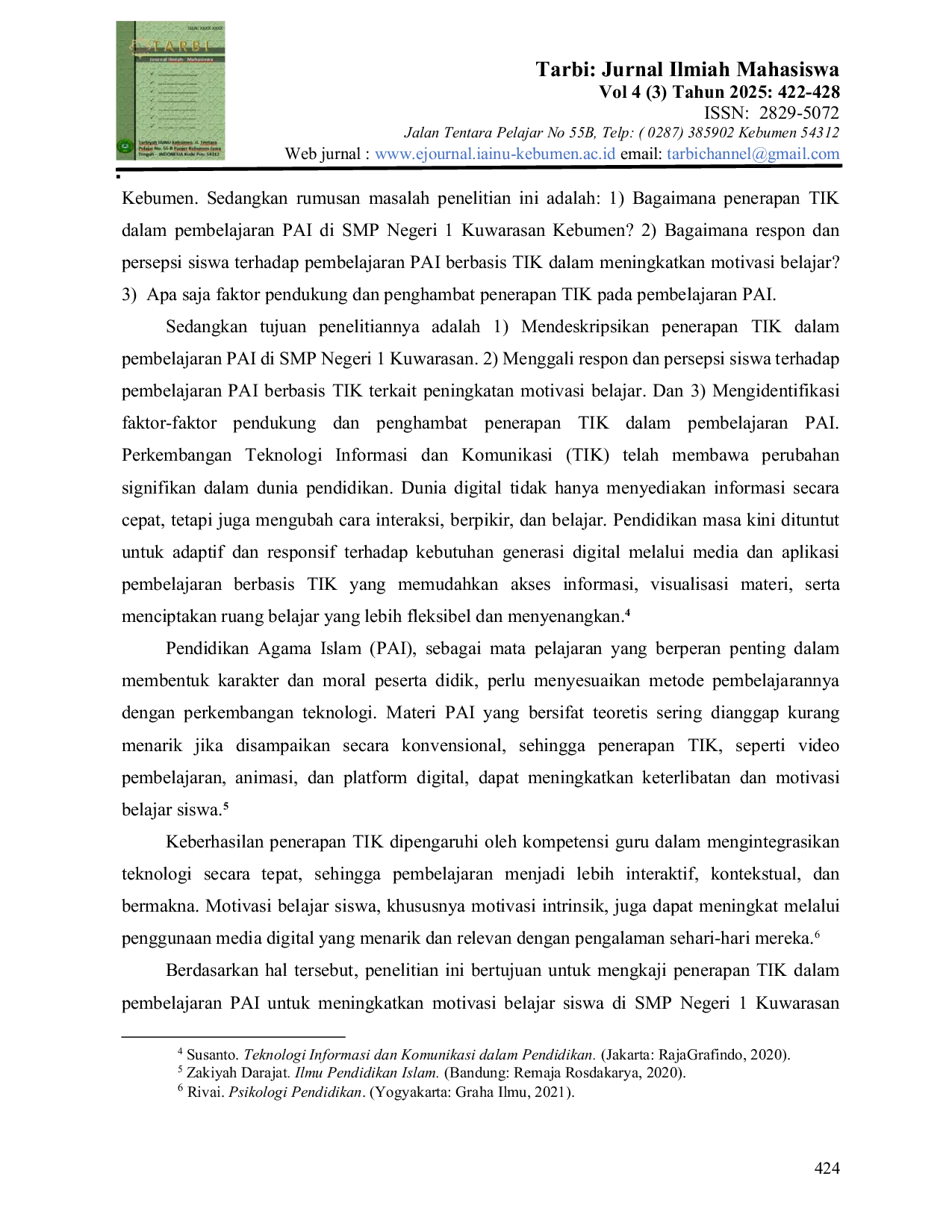 JURIS Penerapan TIK dalam Pembelajaran PAI untuk Meningkatkan Motivasi Belajar Siswa di SMP Negeri 1 Kuwarasan Kebumen