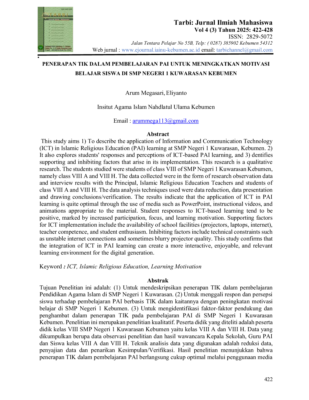 JURIS Penerapan TIK dalam Pembelajaran PAI untuk Meningkatkan Motivasi Belajar Siswa di SMP Negeri 1 Kuwarasan Kebumen