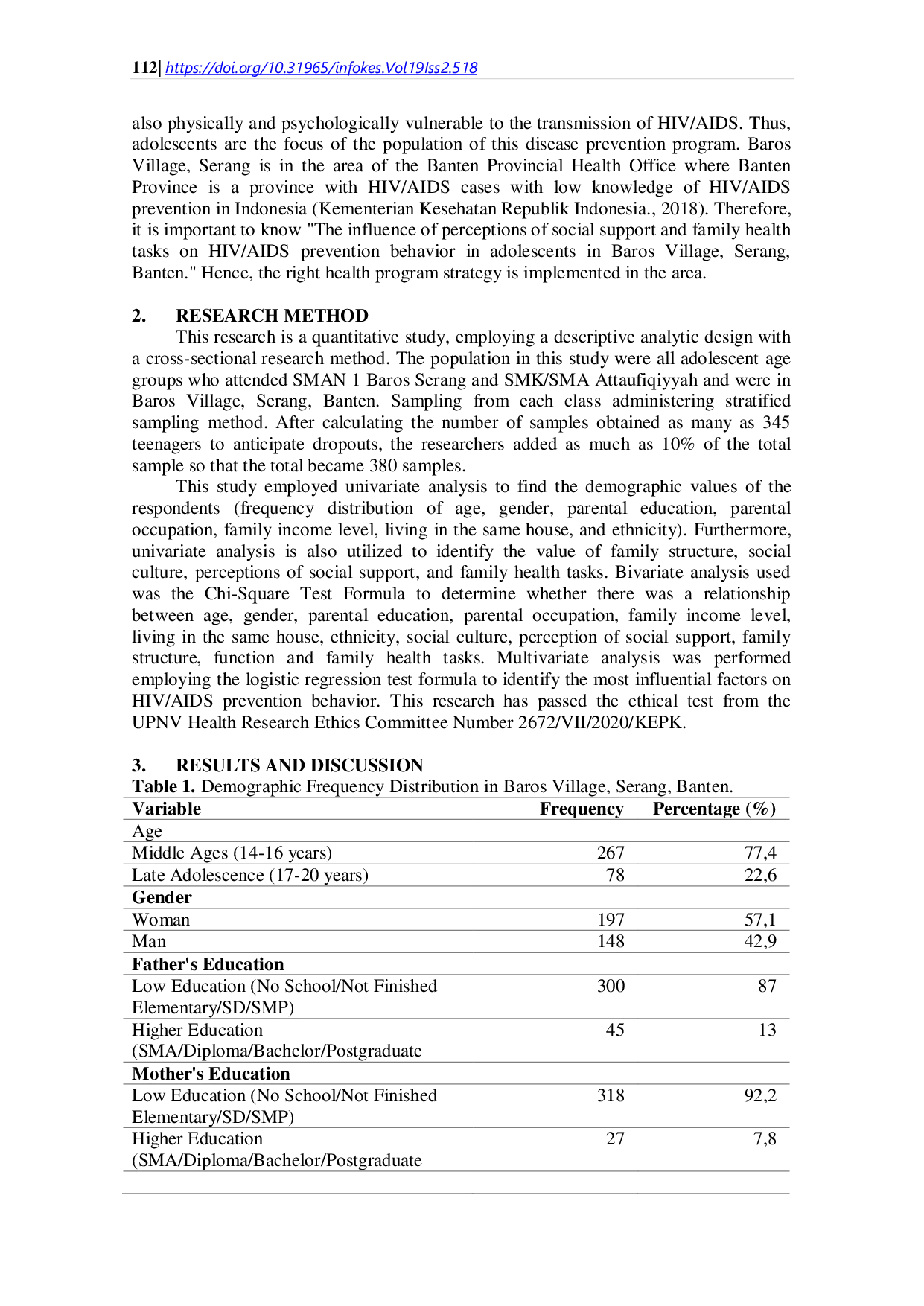 JURIS The Influence of Perceptions of Social Support and Family Health Tasks on HIV AIDS Prevention Behavior in Adolescents