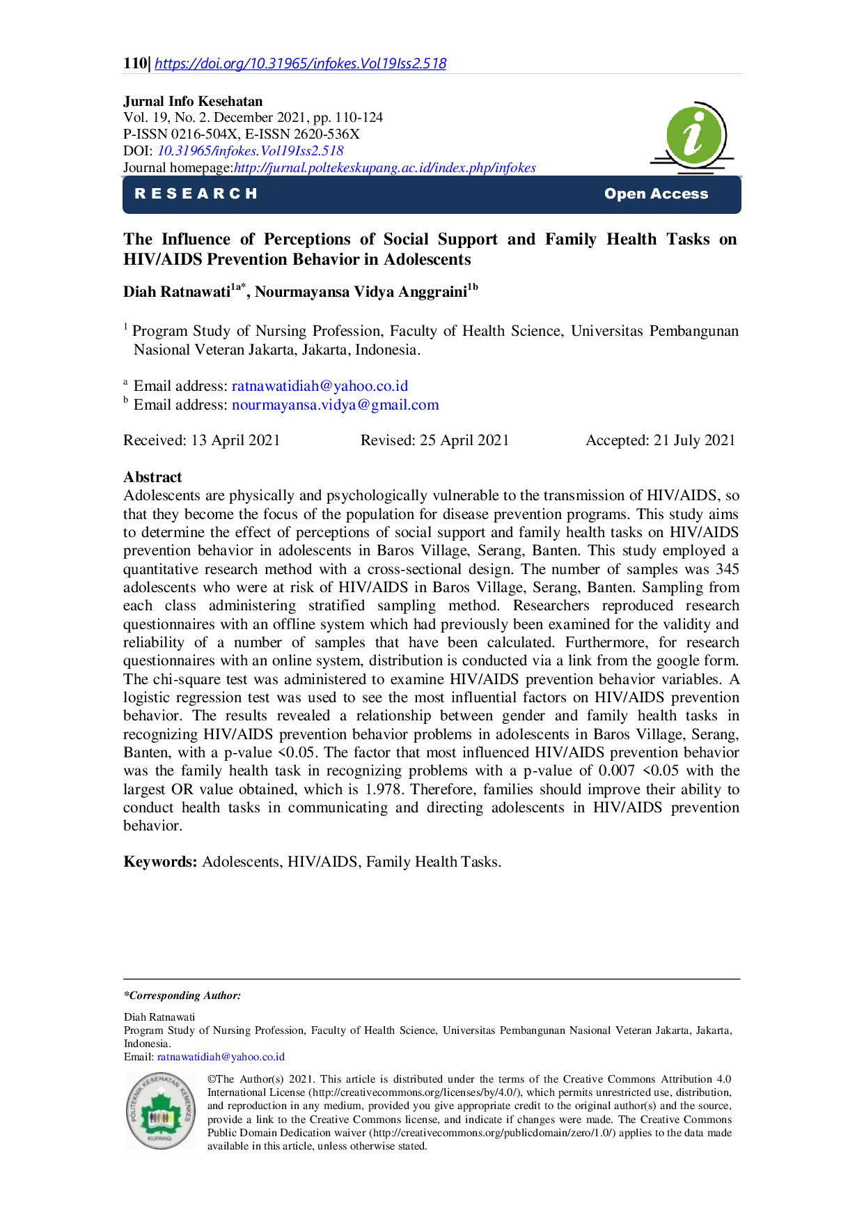 JURIS The Influence of Perceptions of Social Support and Family Health Tasks on HIV AIDS Prevention Behavior in Adolescents