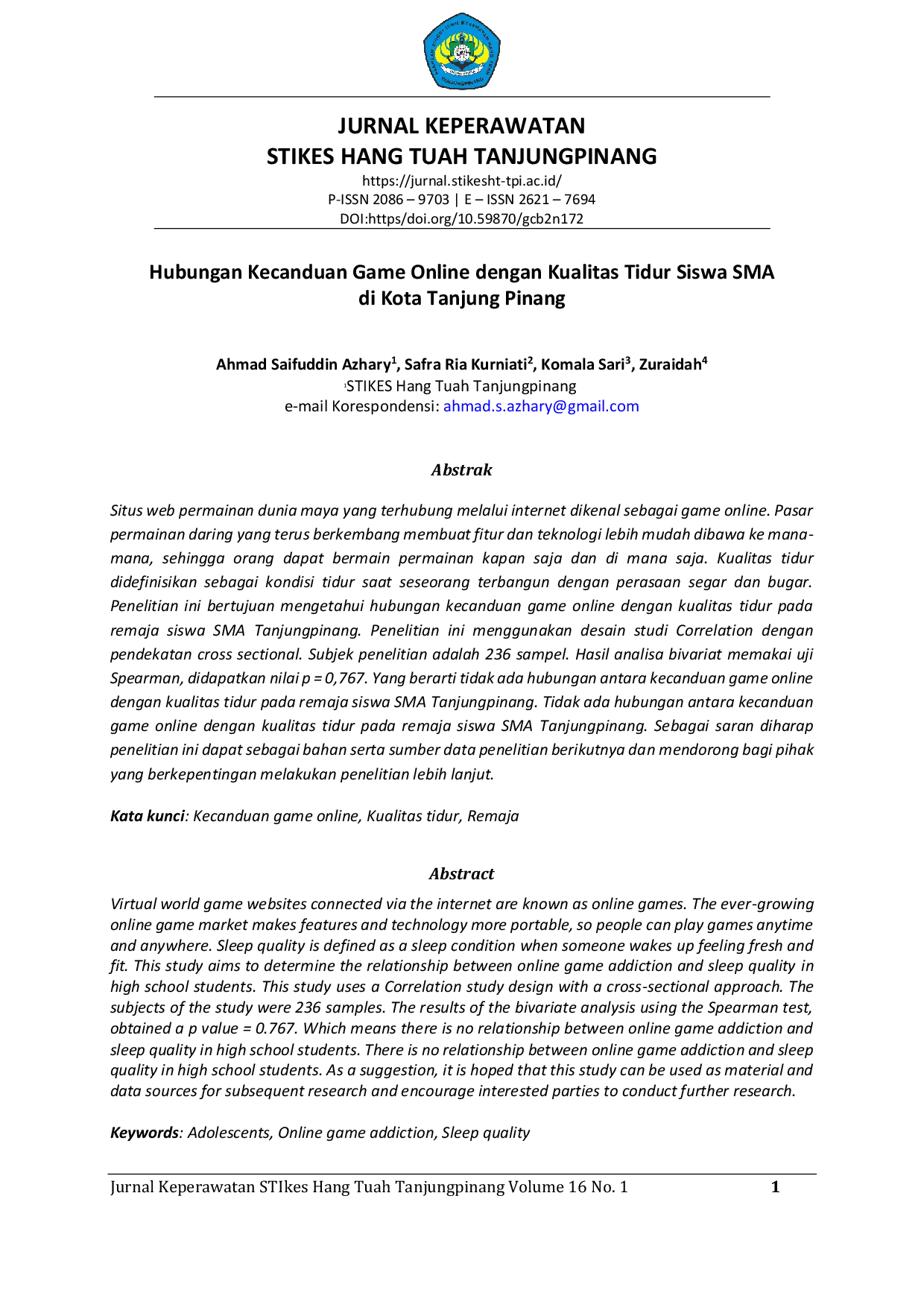 JURIS Hubungan Kecanduan Game Online Dengan Kualitas Tidur Siswa SMA Di Tanjung Pinang