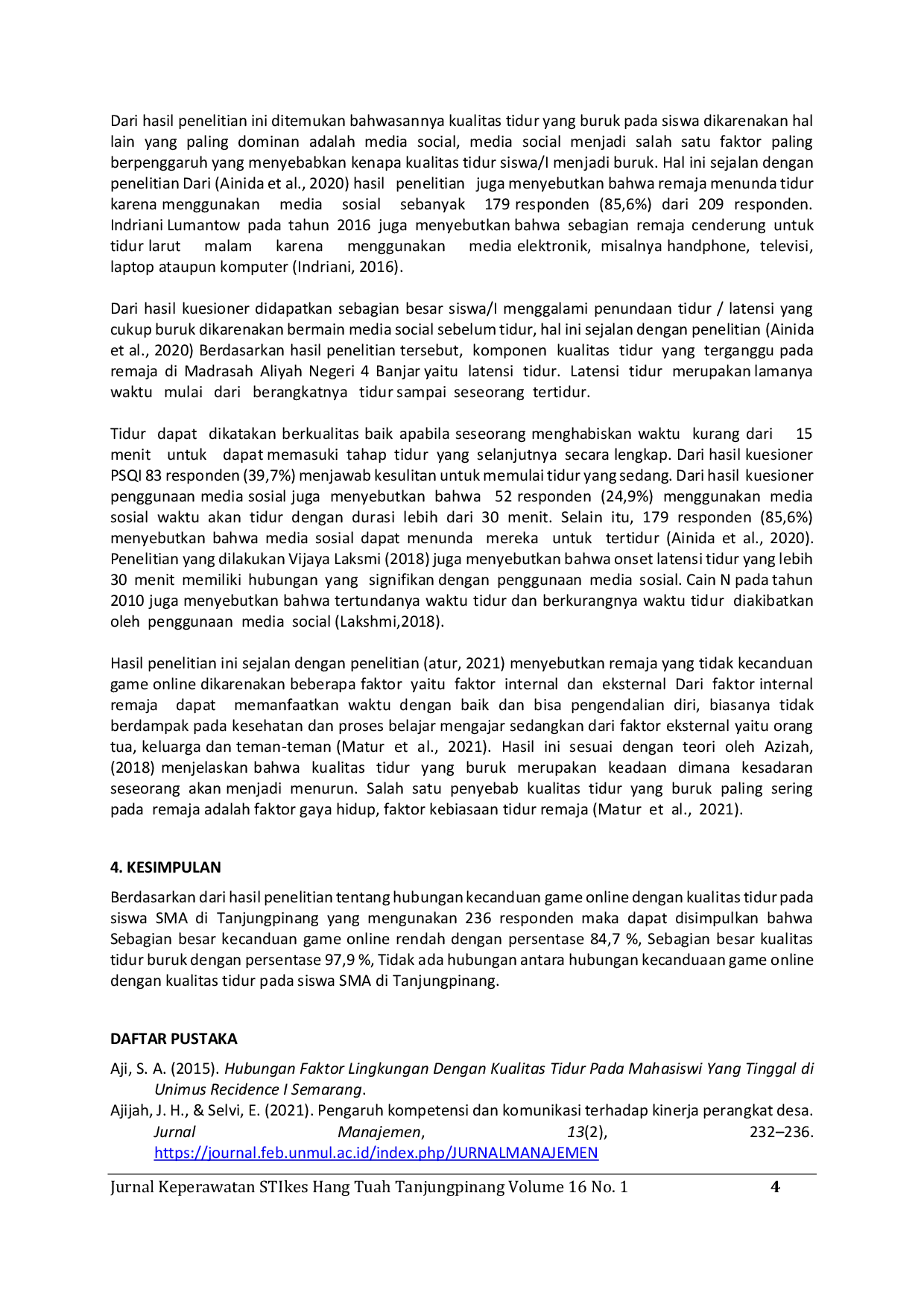 JURIS Hubungan Kecanduan Game Online Dengan Kualitas Tidur Siswa SMA Di Tanjung Pinang