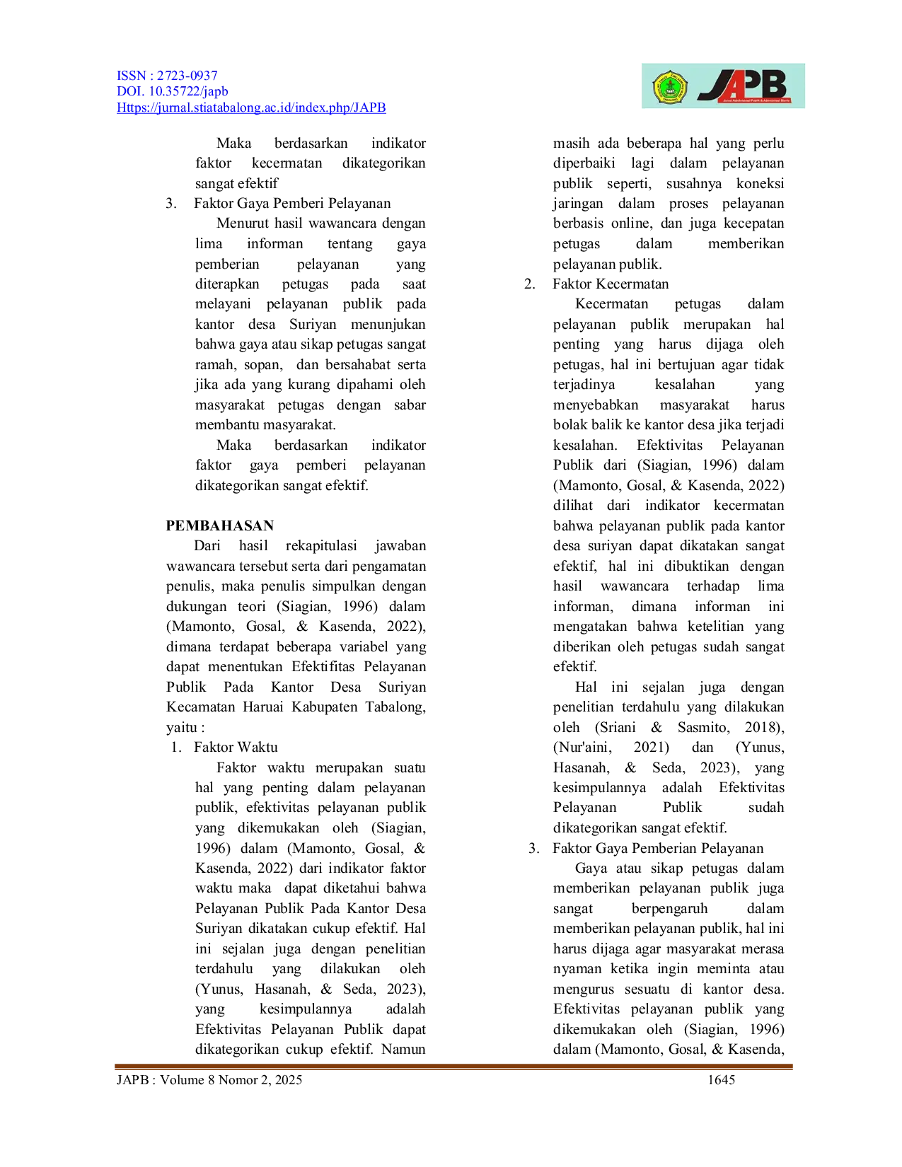 JURIS Efektivitas Pelayanan Publik Pada Kantor Desa Suriyan Kecamatan Haruai Kabupaten Tabalong