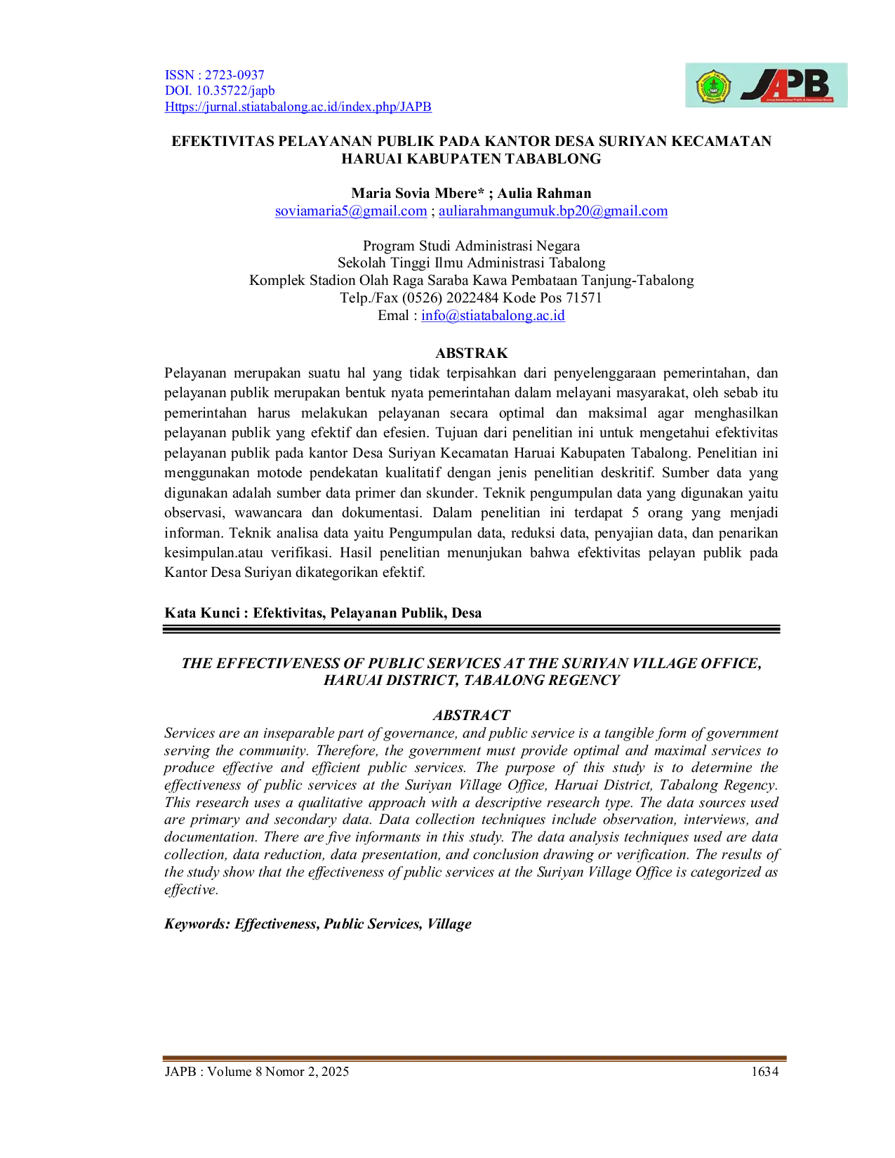 JURIS Efektivitas Pelayanan Publik Pada Kantor Desa Suriyan Kecamatan Haruai Kabupaten Tabalong
