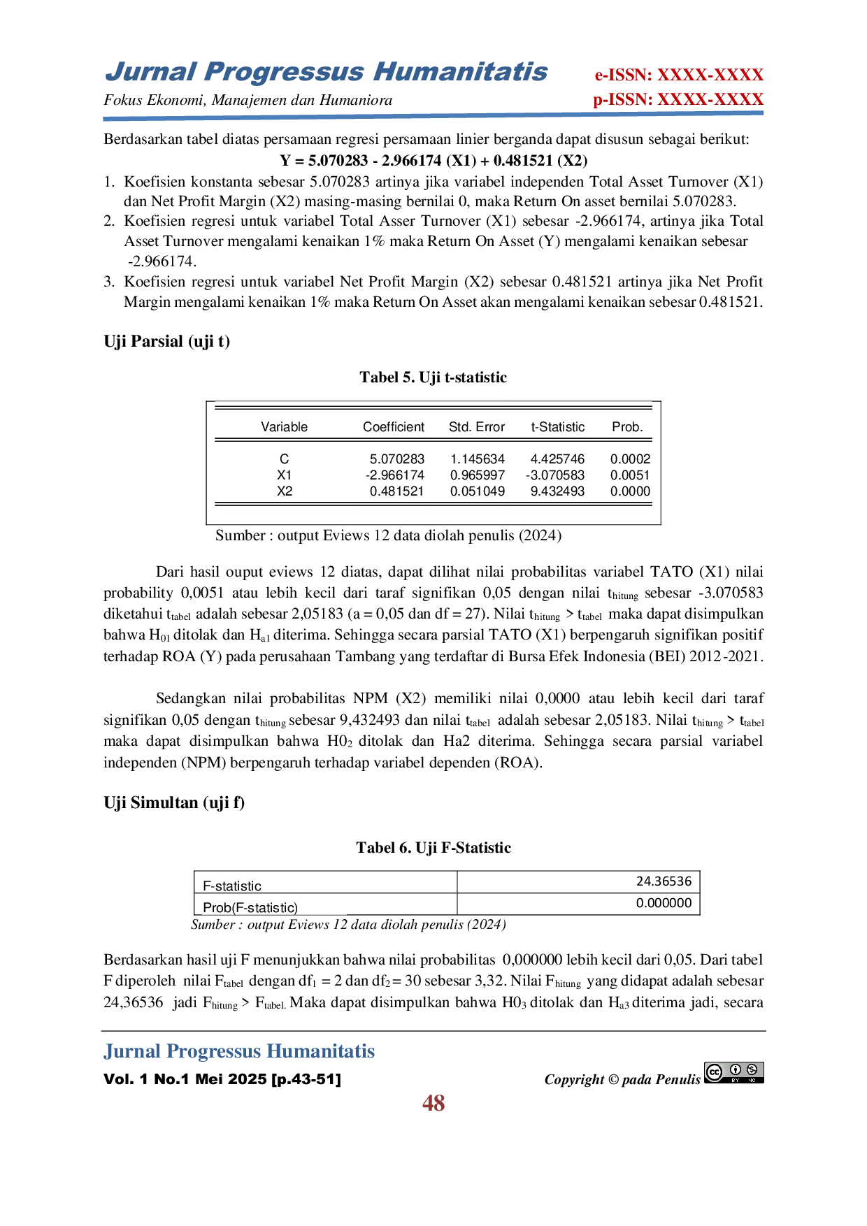 JURIS Pengaruh Total Assets Turnover TATO dan Net Profit Margin NPM terhadap Return On Assets ROA pada Perusahaan Tambang yang Terdaftar di Bursa Efek Indonesia Periode 2012 2021