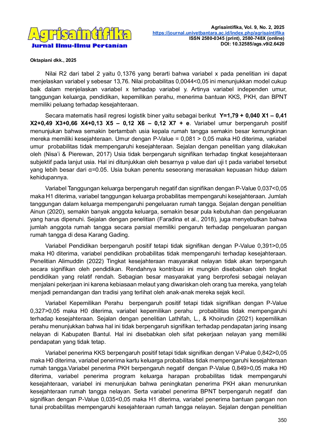 JURIS Faktor Faktor Yang Mempengaruhi Kesejahteraan Rumah Tangga Nelayan di Provinsi Bengkulu