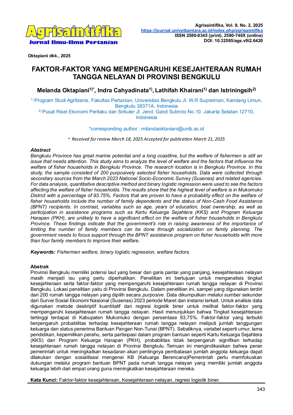 JURIS Faktor Faktor Yang Mempengaruhi Kesejahteraan Rumah Tangga Nelayan di Provinsi Bengkulu