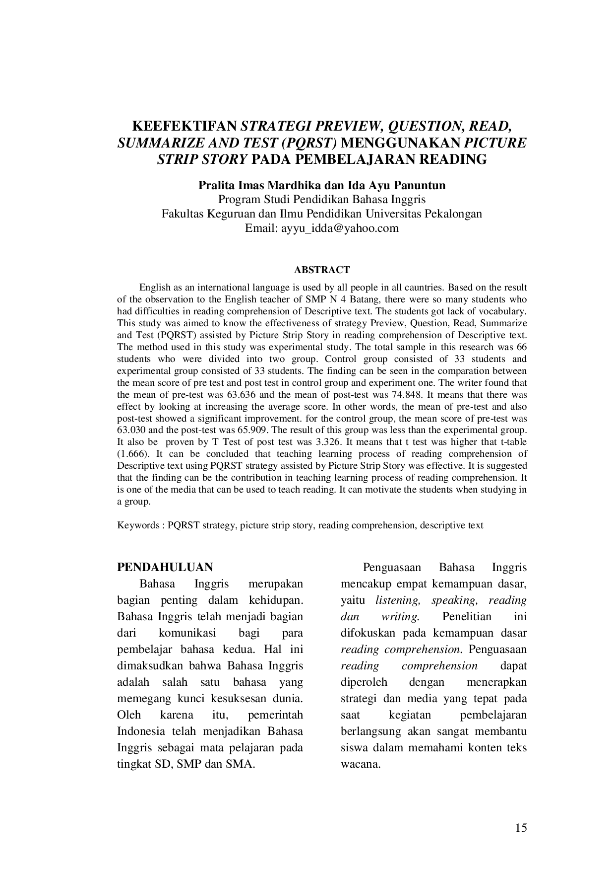 juris Keefektifan Strategi Preview Question Read Summarize And Test PQRST Menggunakan Picture Strip Story Pada Pembelajaran Reading