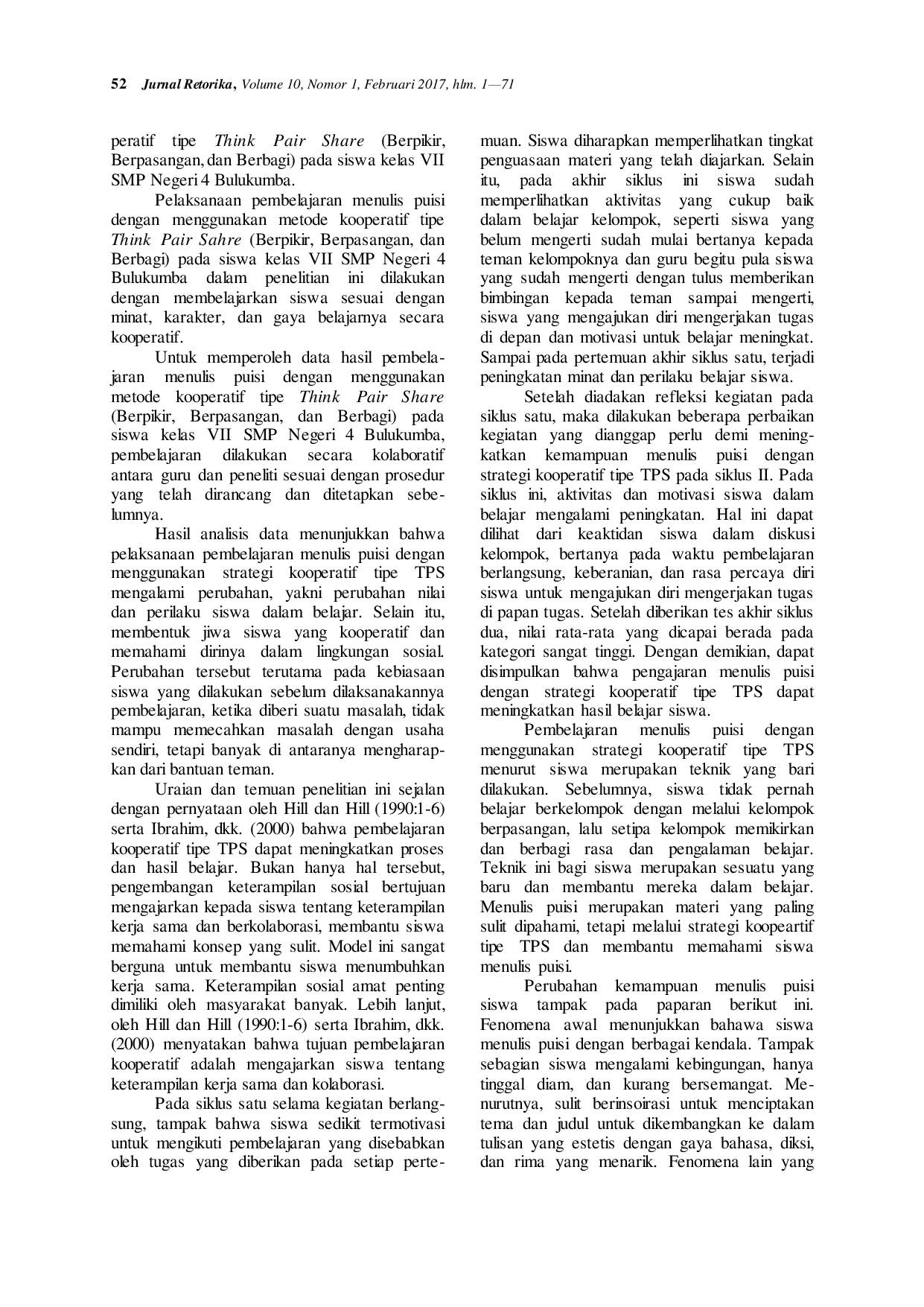 JURIS Peningkatan Kemampuan Menulis Puisi dengan Menggunakan Metode Kooperatif Tipe Think Pair Share Berpikir Berpasangan Dan Berbagi Pada Siswa Kelas Vii Smp Negeri 4 Bulukumba