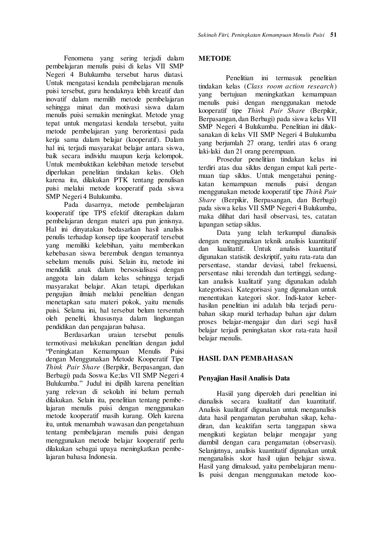 JURIS Peningkatan Kemampuan Menulis Puisi dengan Menggunakan Metode Kooperatif Tipe Think Pair Share Berpikir Berpasangan Dan Berbagi Pada Siswa Kelas Vii Smp Negeri 4 Bulukumba