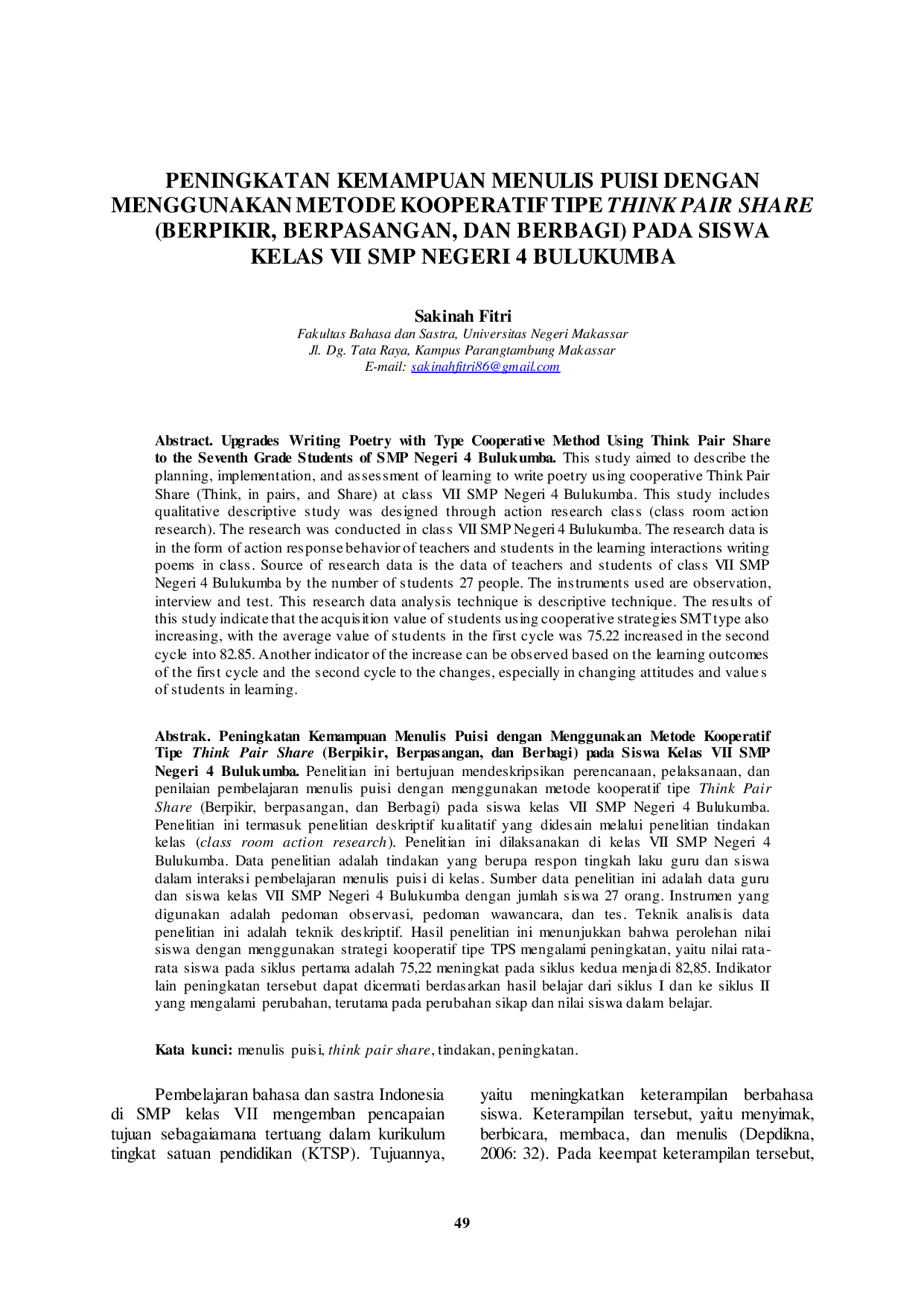 JURIS Peningkatan Kemampuan Menulis Puisi dengan Menggunakan Metode Kooperatif Tipe Think Pair Share Berpikir Berpasangan Dan Berbagi Pada Siswa Kelas Vii Smp Negeri 4 Bulukumba