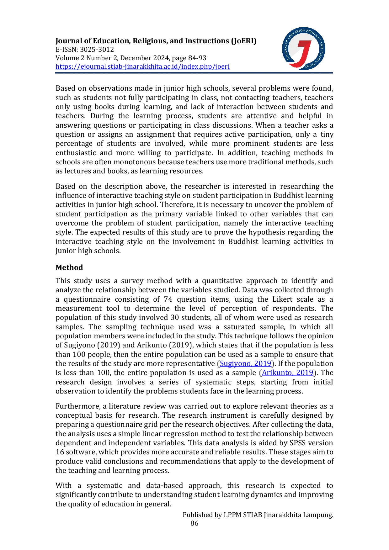 JURIS The Effect of Interactional Teaching Style on Student Participation in Buddhist Religious Education Learning Activities