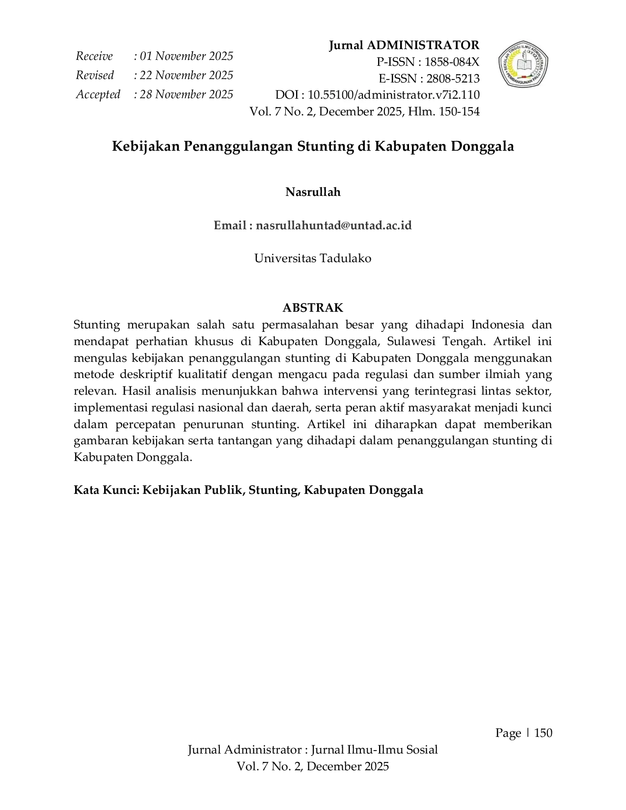 JURIS Kebijakan Penanggulangan Stunting di Kabupaten Donggala