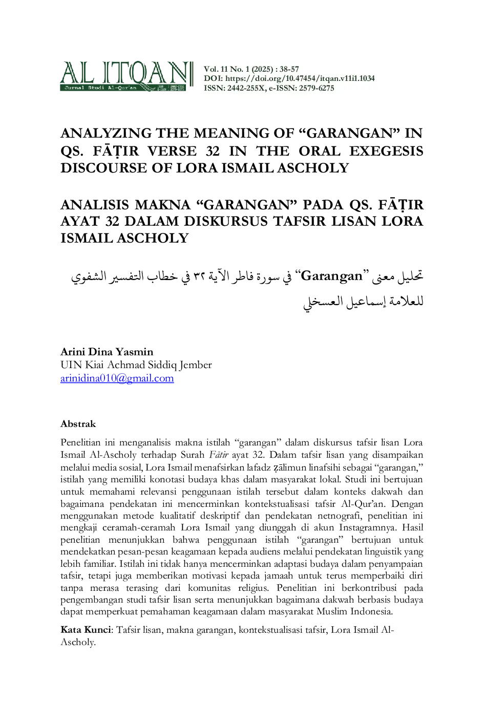 JURIS ANALISIS MAKNA GARANGAN PADA QS FIR AYAT 32 DALAM DISKURSUS TAFSIR LISAN LORA ISMAIL ASCHOLY