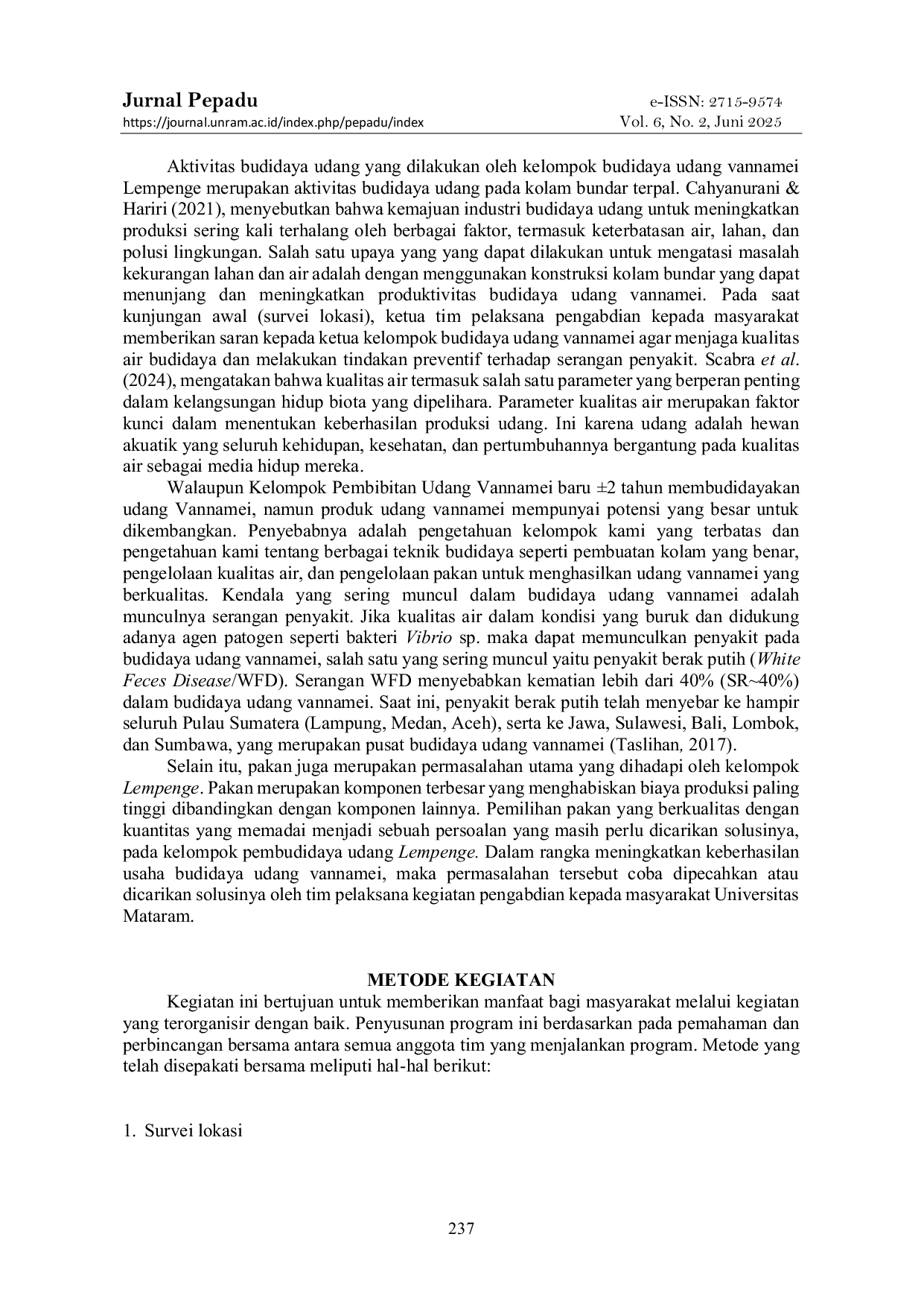 JURIS Upaya Peningkatan Produksi Udang Vannamei Pada Kolam Bundar Di Desa Rempek Kabupaten Lombok Utara Melalui Suplementasi Vitamin Kompleks