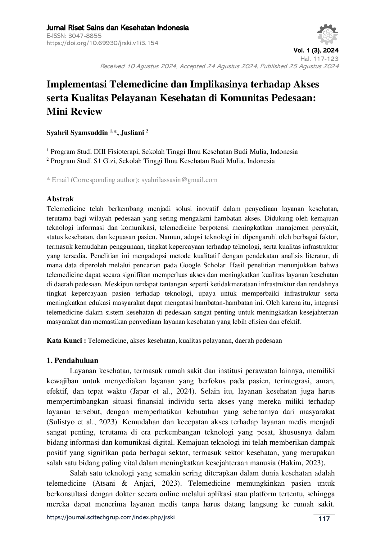 JURIS Implementasi Telemedicine dan Implikasinya terhadap Akses serta Kualitas Pelayanan Kesehatan di Komunitas Pedesaan Mini Review