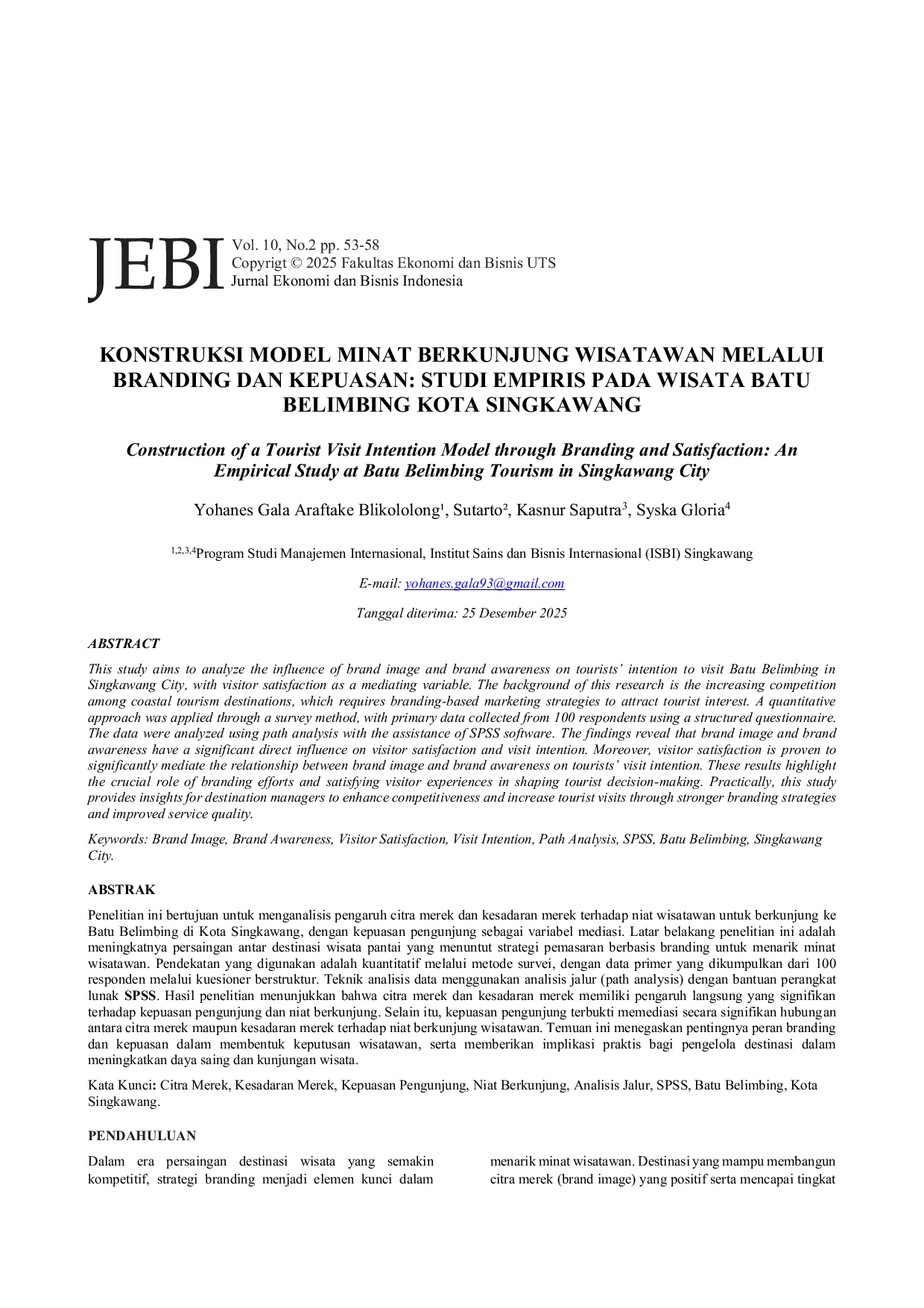 JURIS Konstruksi Model Minat Berkunjung Wisatawan Melalui Branding dan Kepuasan Studi Empiris pada Wisata Batu Belimbing Kota Singkawang