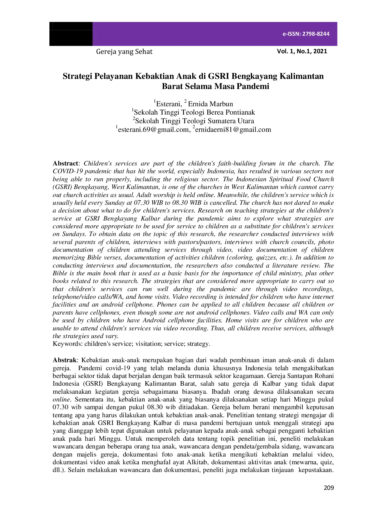 JURIS Strategi Pelayanan Kebaktian Anak di GSRI Bengkayang Kalimantan Barat Selama Masa Pandemi