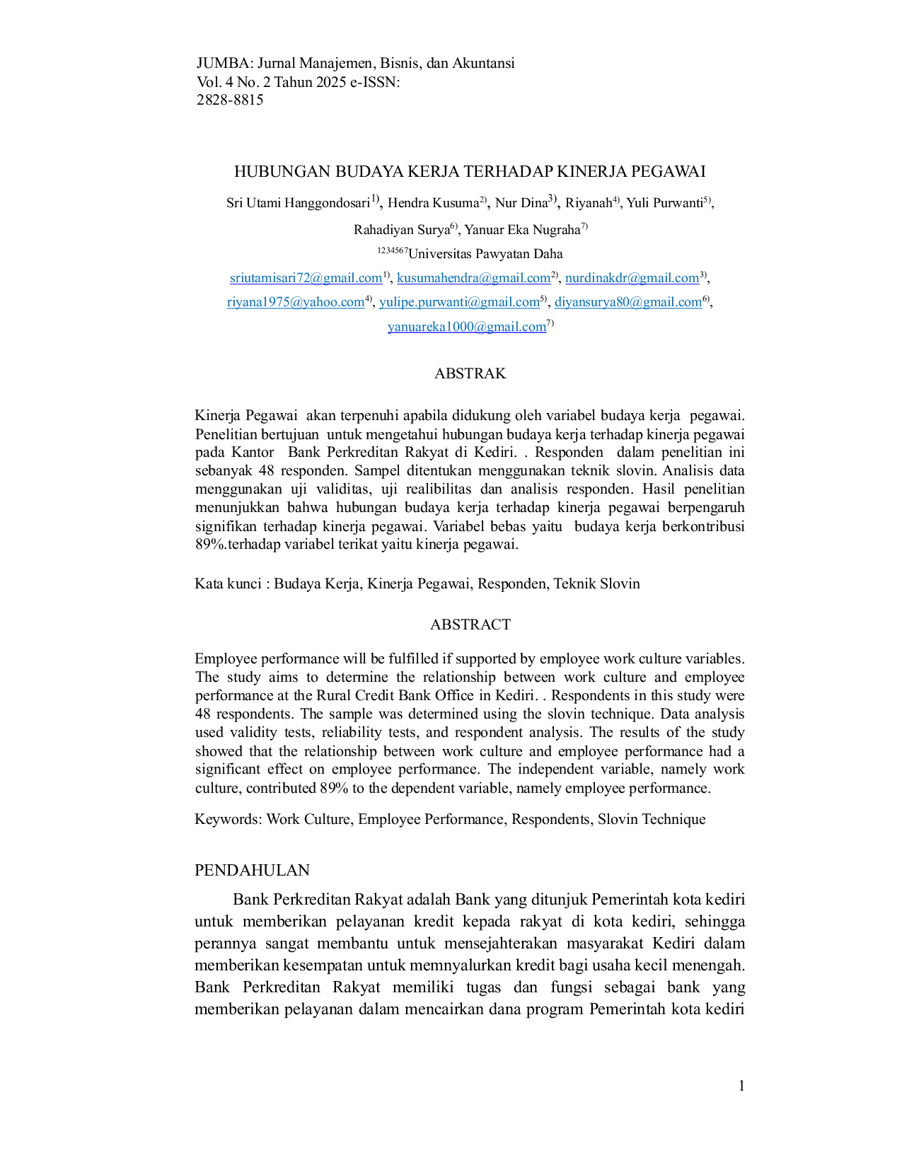 JURIS Hubungan Budaya Kerja Terhadap Kinerja Pegawai