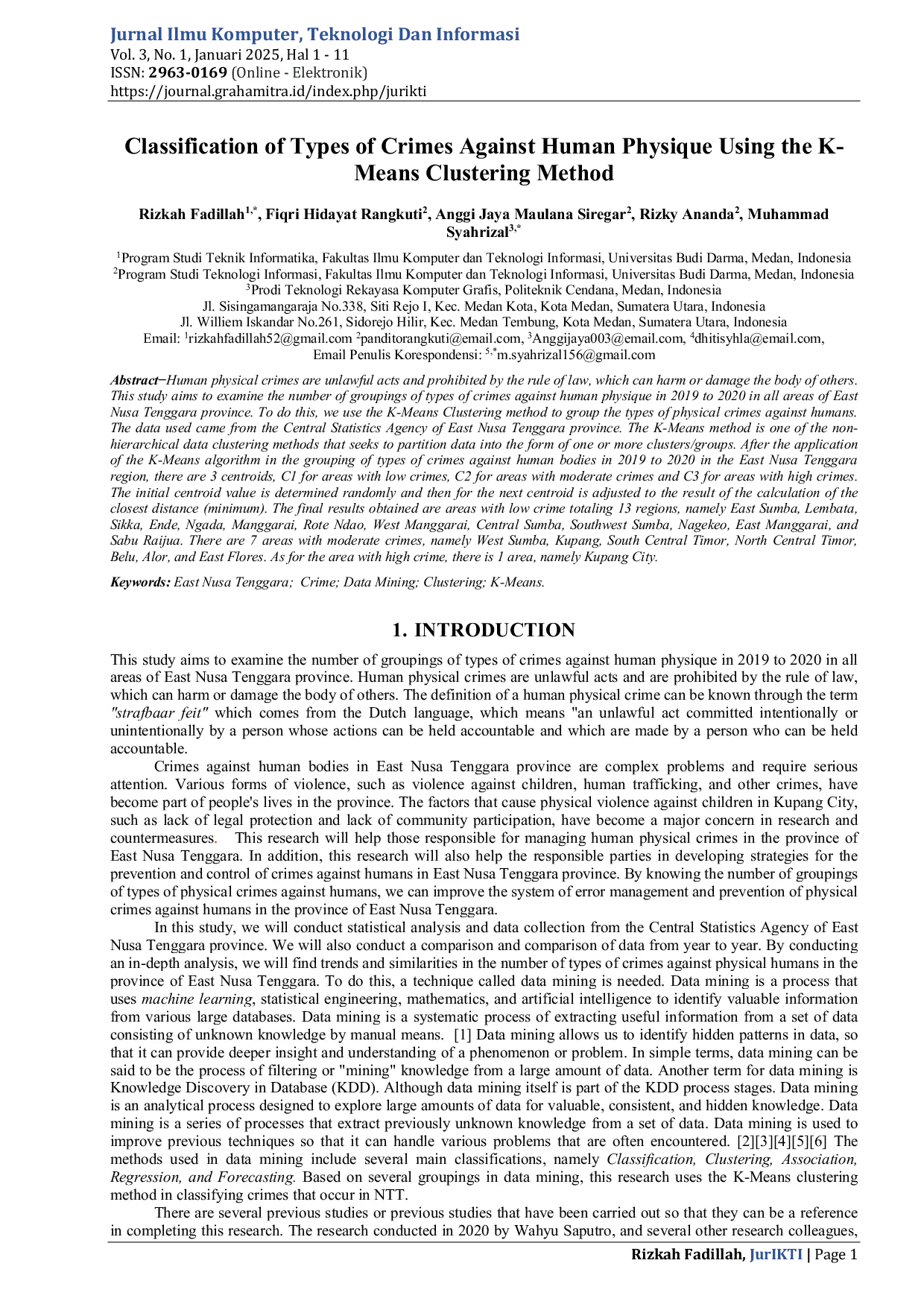 JURIS Classification of Types of Crimes Against Human Physique Using the K Means Clustering Method