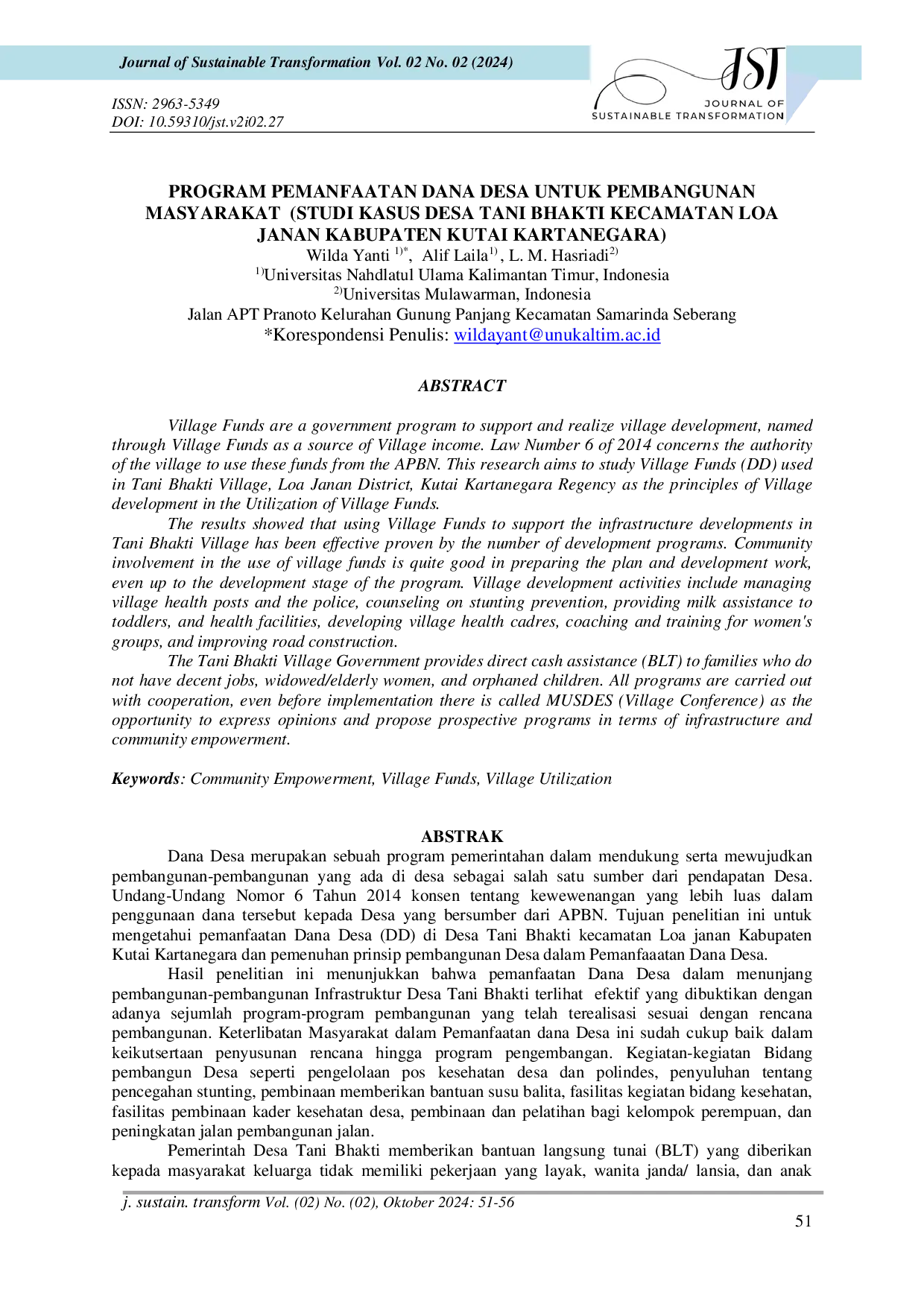 JURIS Program Pemanfaatan Dana Desa Untuk Pembangunan Masyarakat Studi Kasus Desa Tani Bhakti Kecamatan Loa Janan Kabupaten Kutai Kartanegara