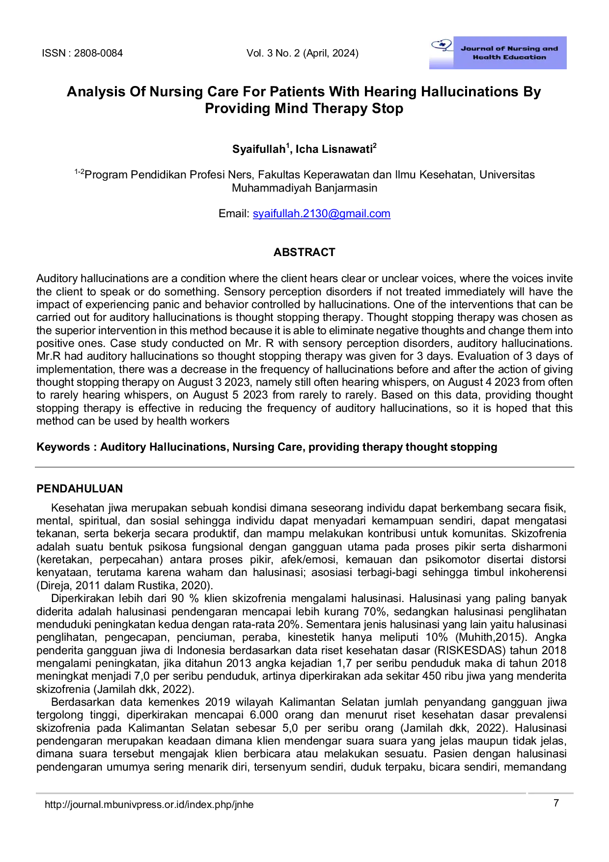 JURIS Analysis Of Nursing Care For Patients With Hearing Hallucinations By Providing Mind Therapy Stop