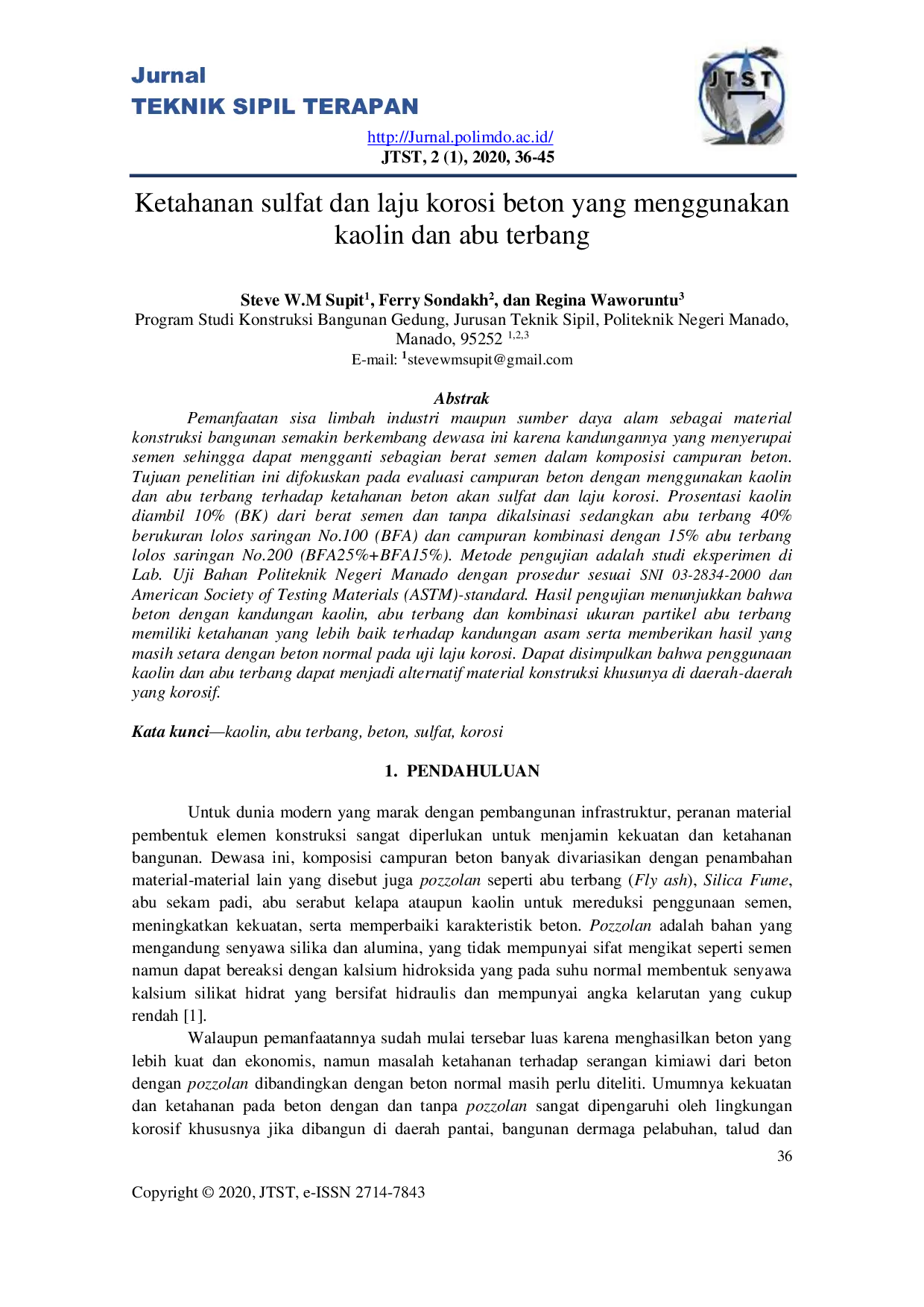 JURIS Ketahanan sulfat dan laju korosi beton yang menggunakan kaolin dan abu terbang