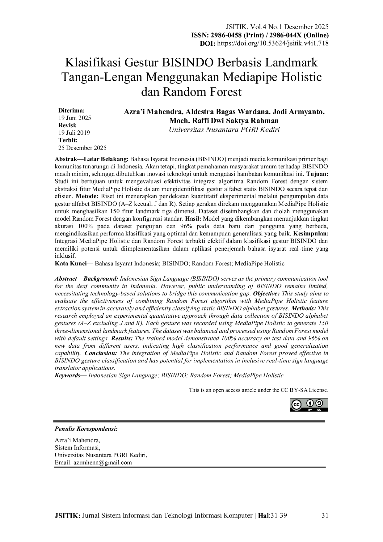 JURIS Klasifikasi Gestur BISINDO Berbasis Landmark Tangan Lengan Menggunakan Mediapipe Holistic dan Random Forest