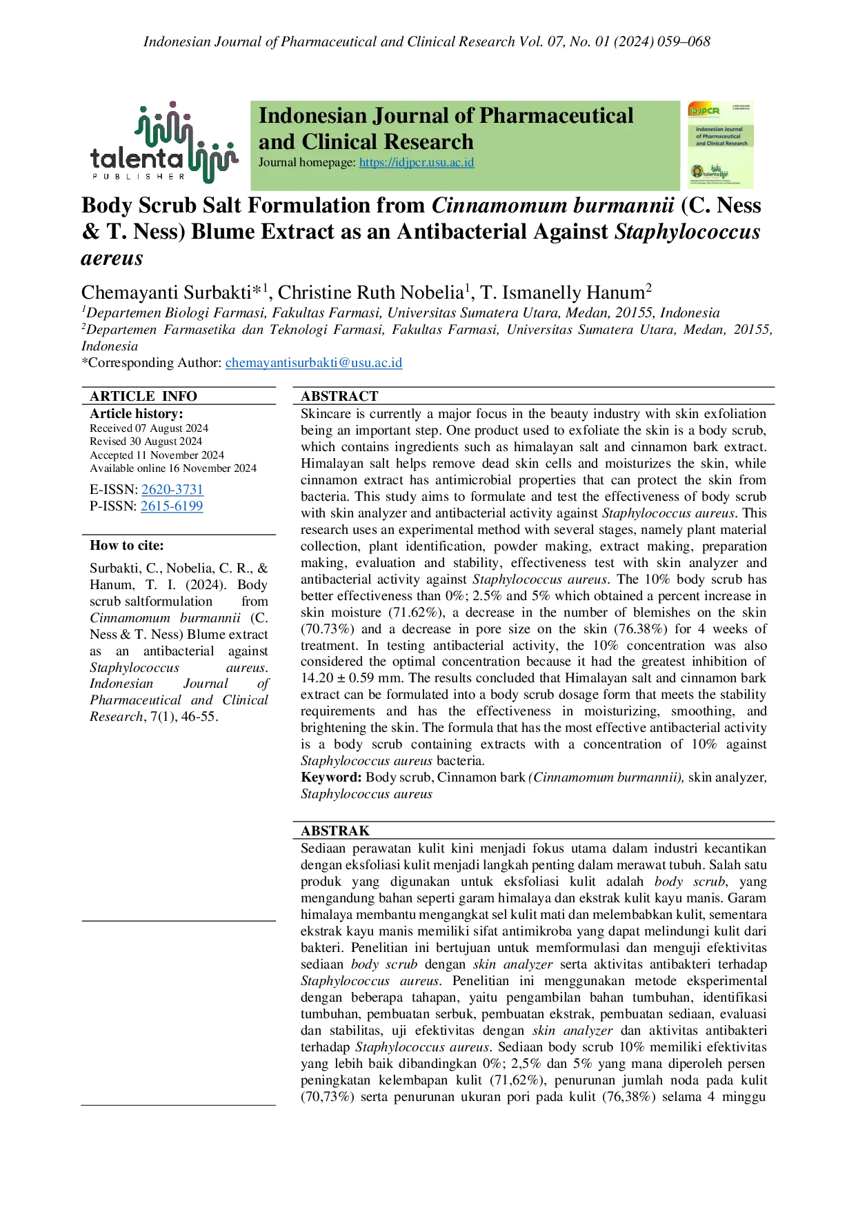 JURIS Body Scrub Salt Formulation from Cinnamomum burmannii C Ness T Ness Blume Extract as an Antibacterial Against Staphylococcus aereus