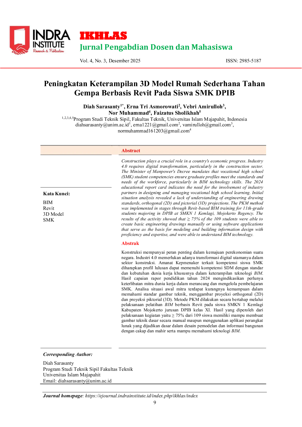 JURIS Peningkatan Keterampilan 3D Model Rumah Sederhana Tahan Gempa Berbasis Revit Pada Siswa SMK DPIB