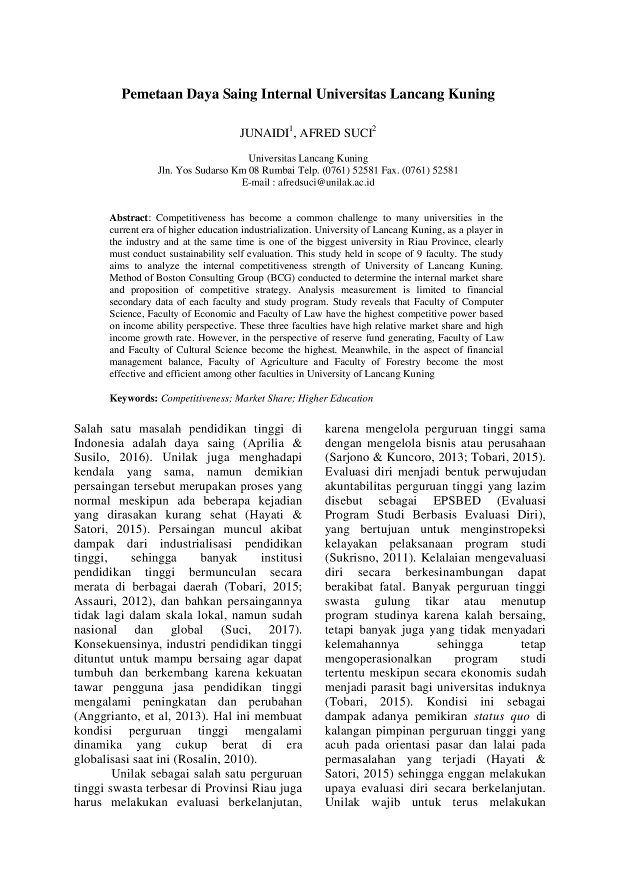 juris Pemetaan Daya Saing Internal Universitas Lancang Kuning