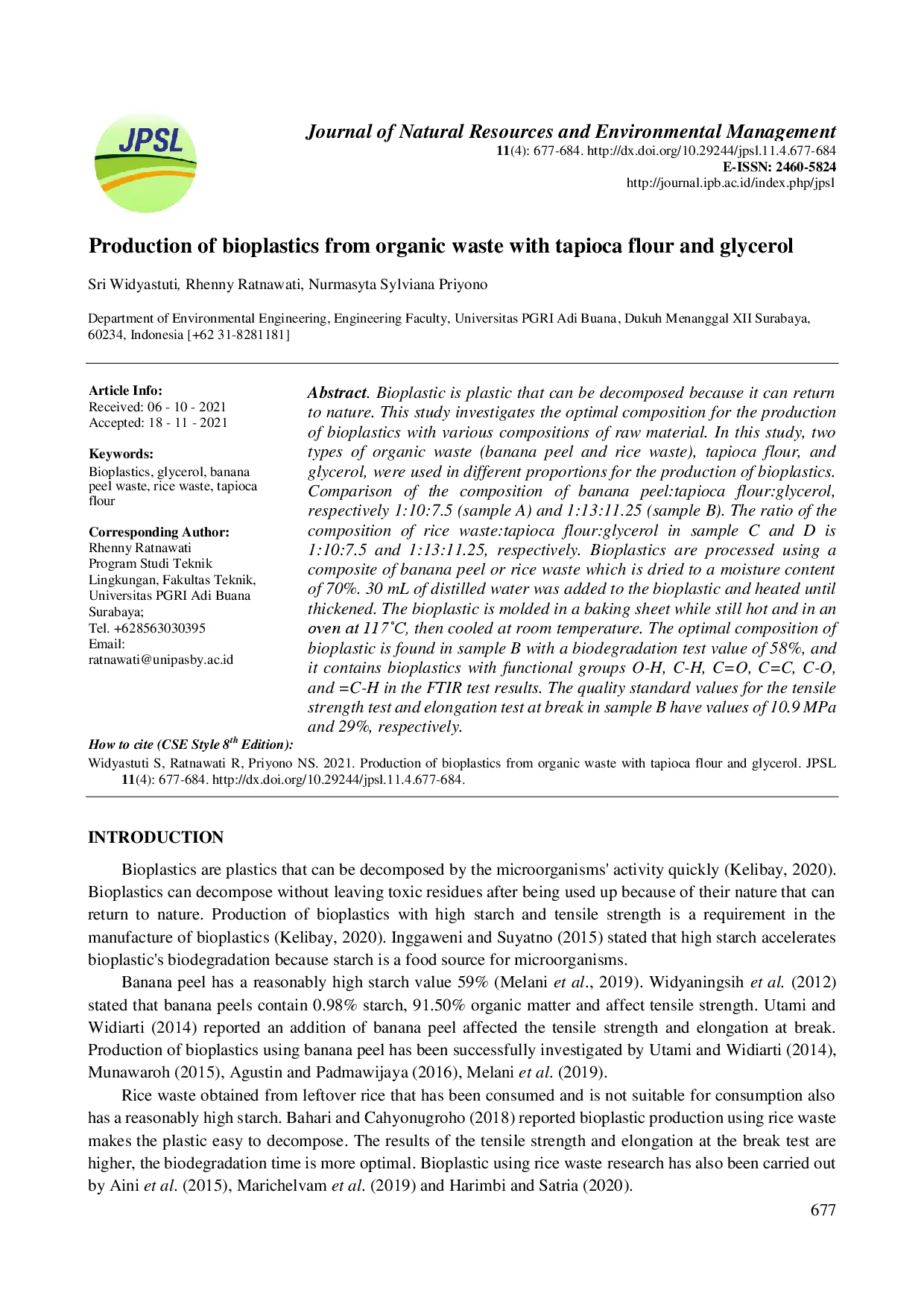 juris Pembuatan Bioplastik Berbahan Baku Limbah Organik dengan Penambahan Tepung Tapioka dan Gliserol