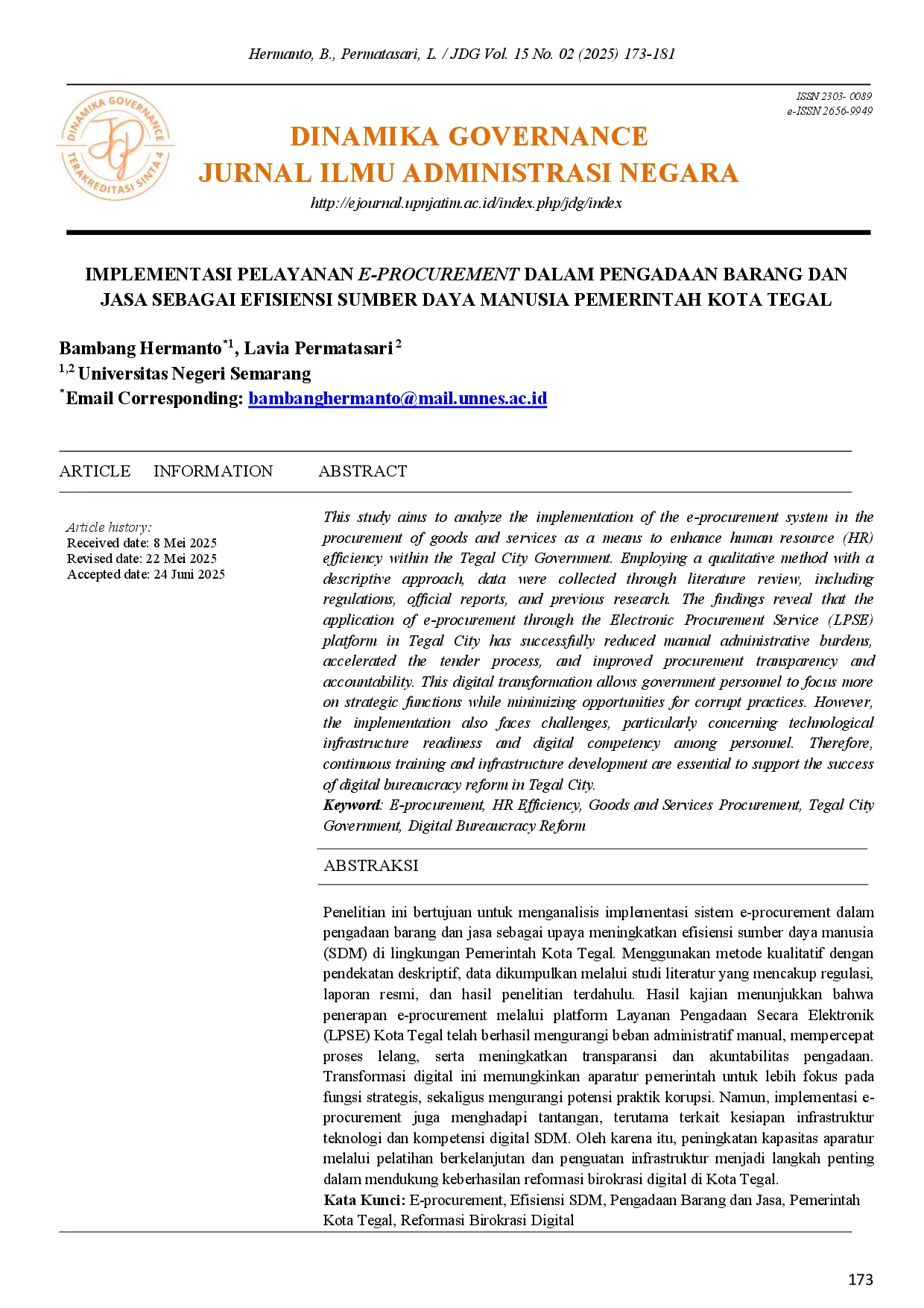 juris Implementasi Pelayanan E Procurement Dalam Pengadaan Barang Dan Jasa Sebagai Efisiensi Sumber Daya Manusia Pemerintah Kota Tegal